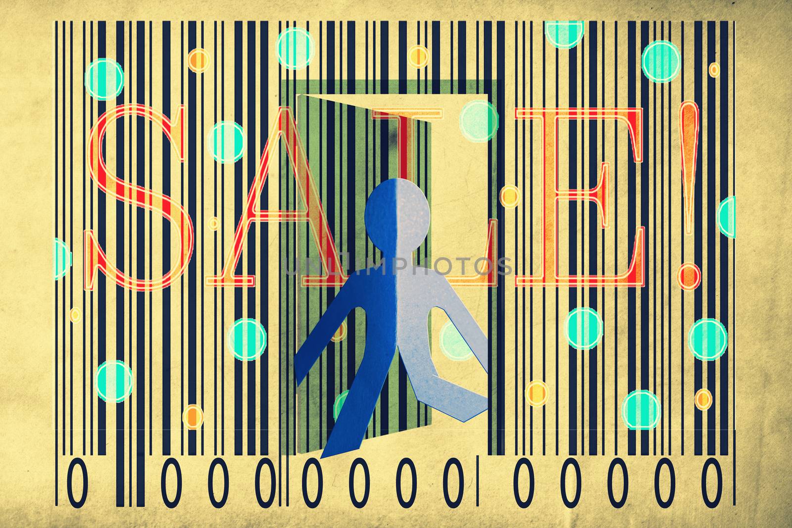 Paperman coming out of a bar code with Sale Word by yands