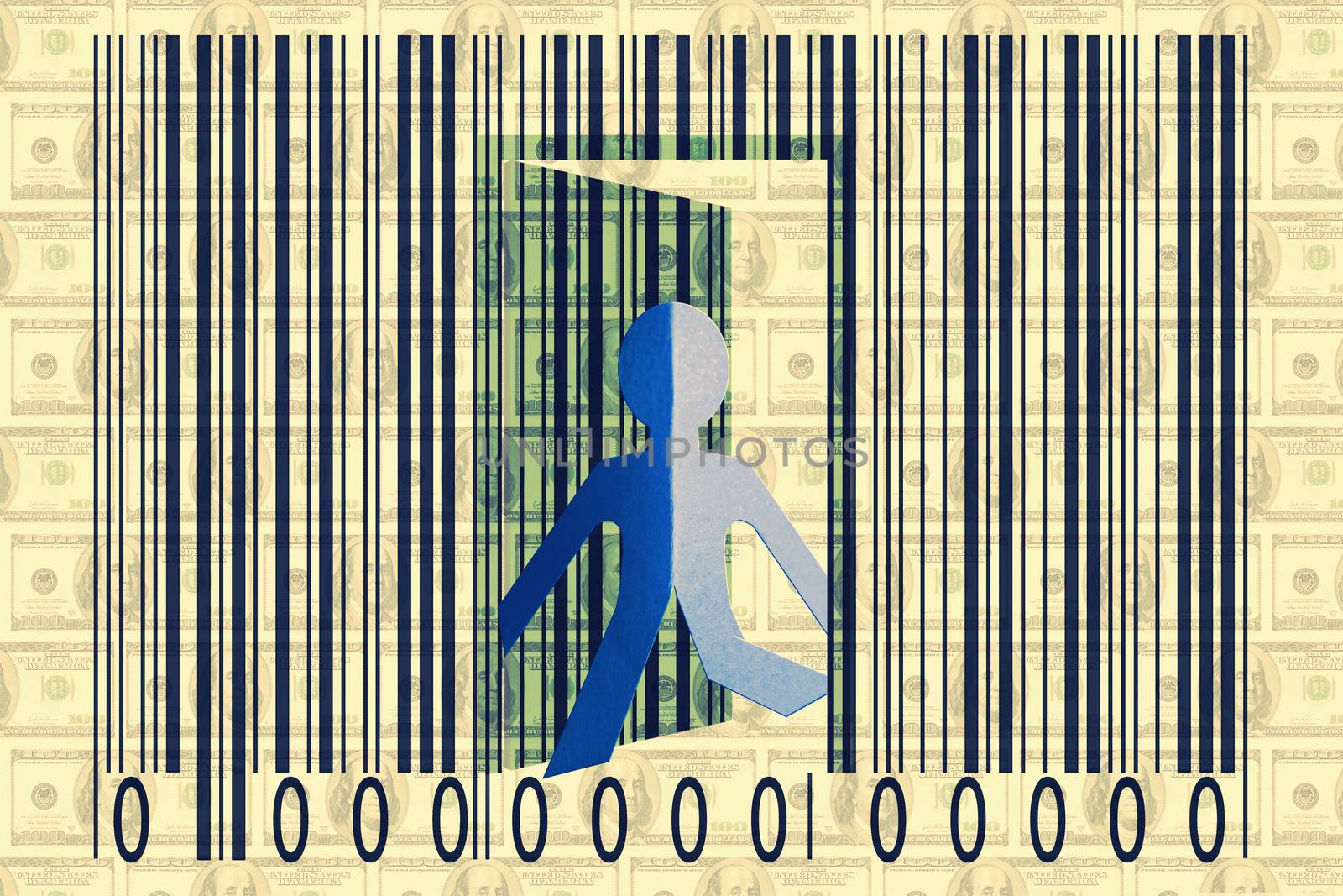 Paperman coming out of a bar code with Dollars as Backround by yands