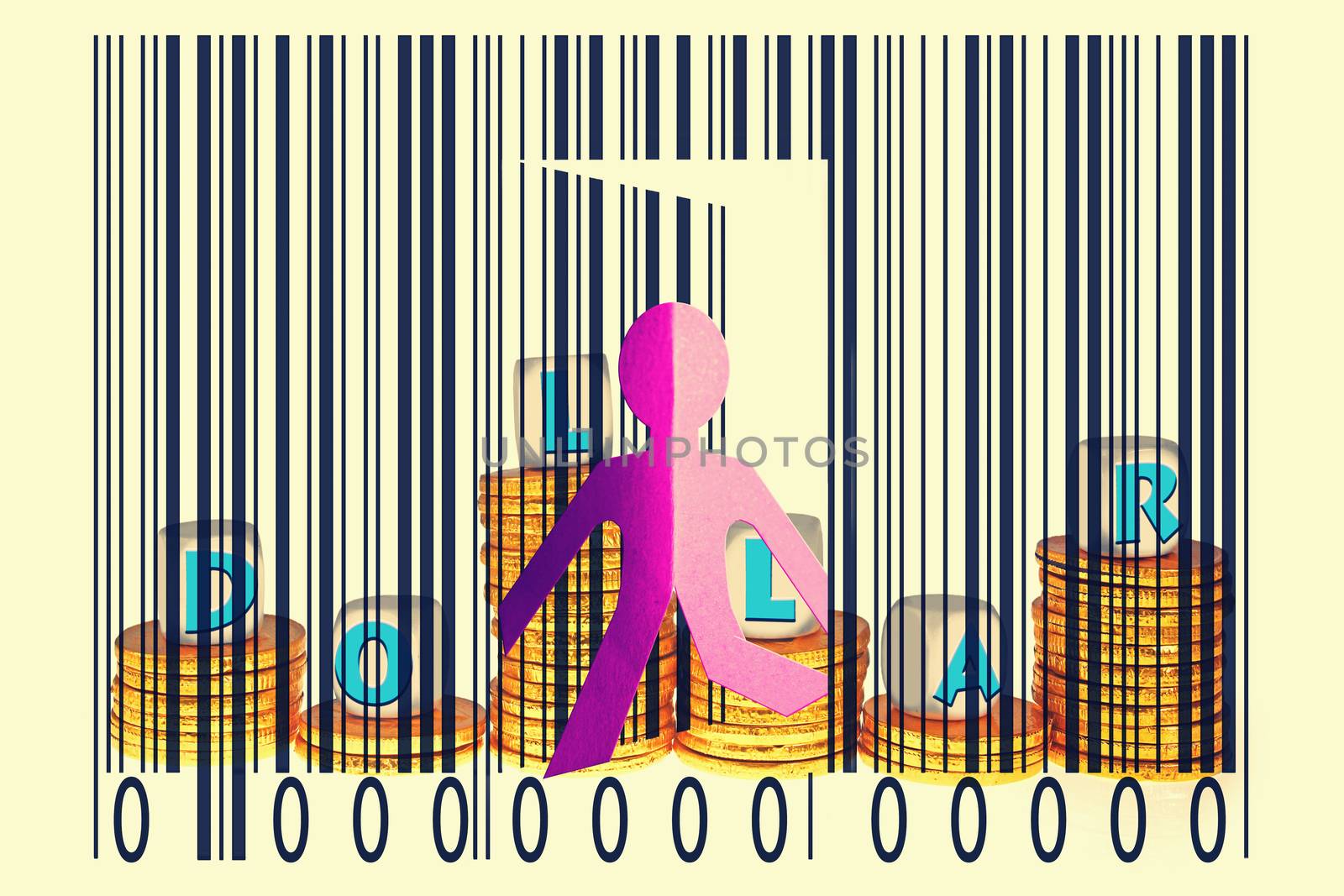 Paperman coming out of a bar code with Dollars word by yands