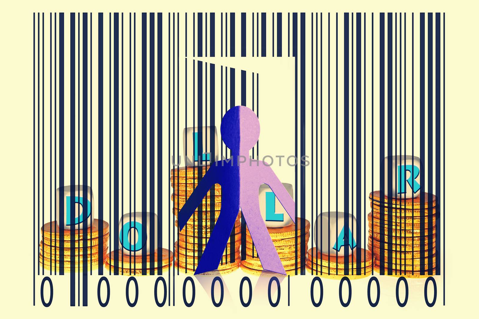 Paperman coming out of a bar code with Dollars word by yands
