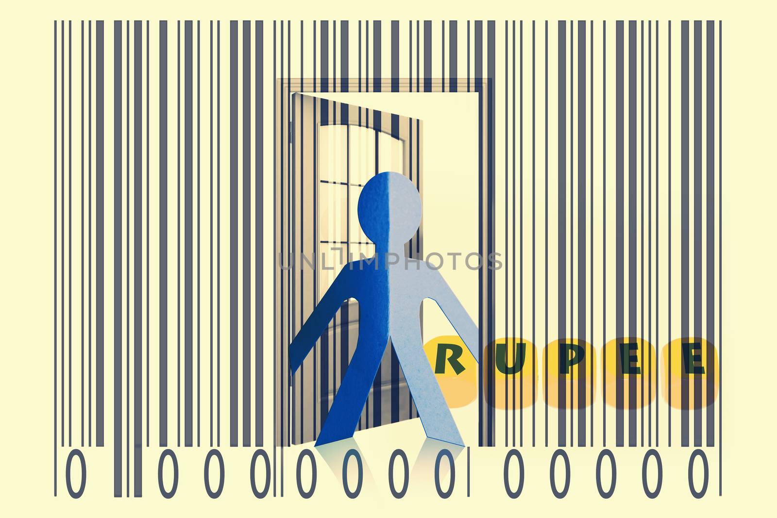 Paperman coming out of a bar code with Rupee word