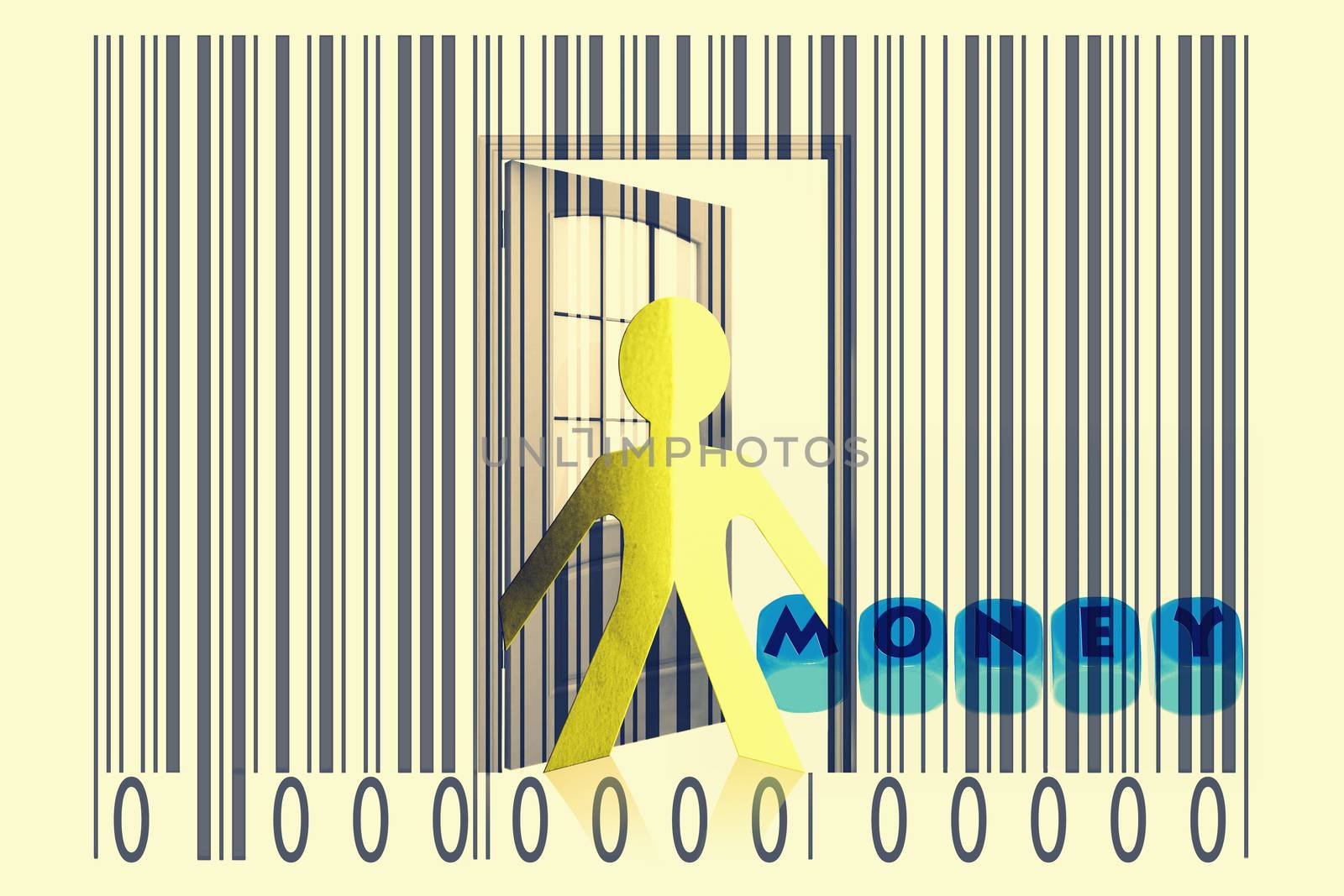 Paperman coming out of a bar code with Money word