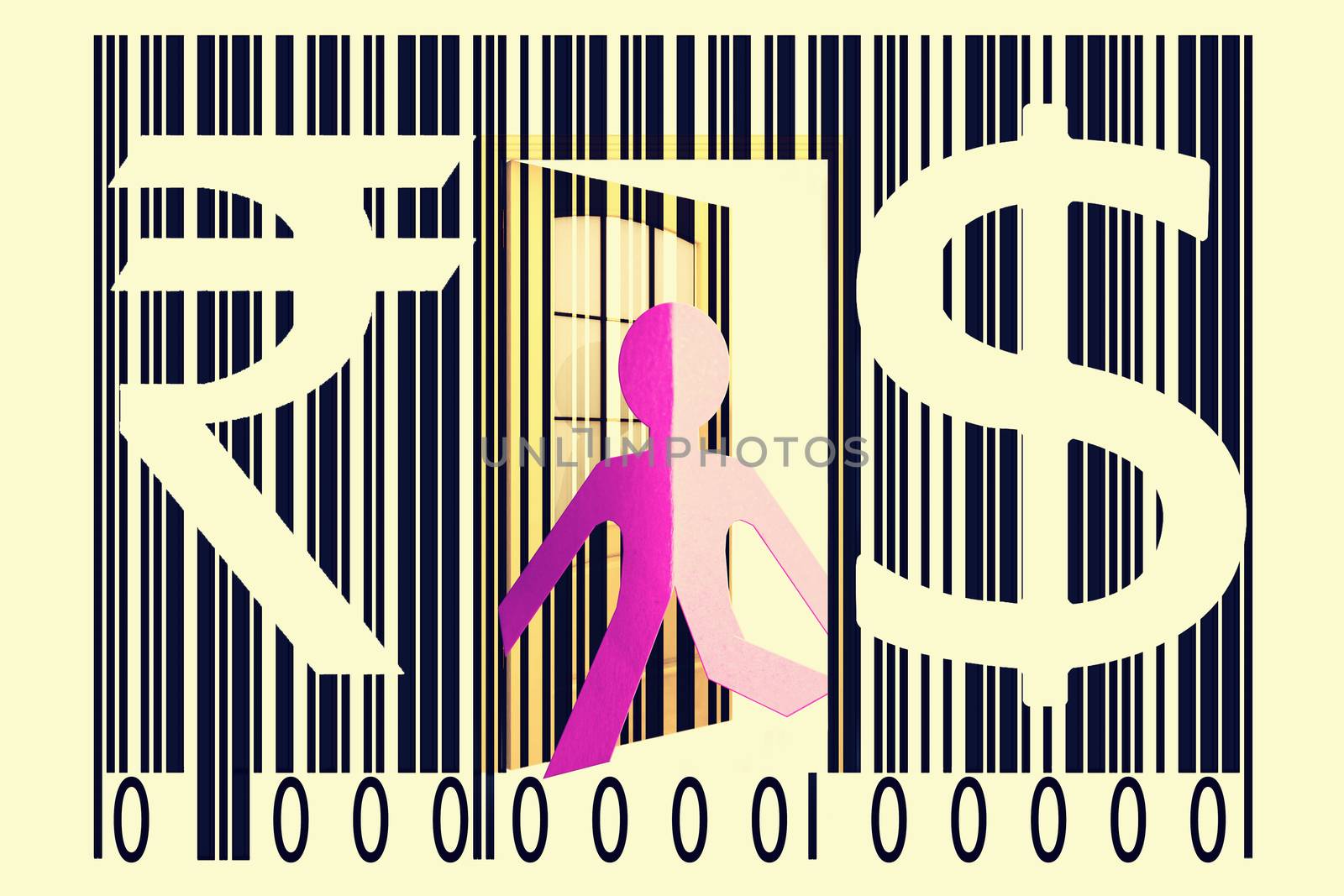 Paperman coming out of a bar code with Dollar and Rupee Signs by yands