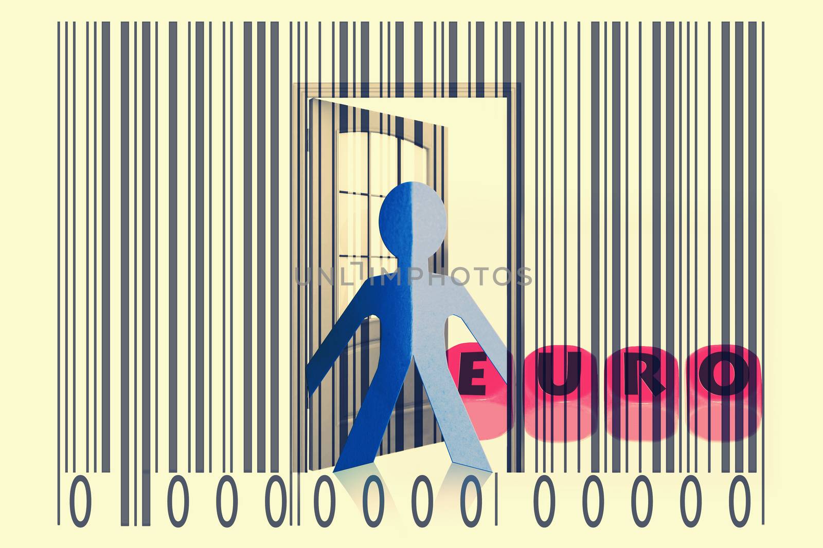 Paperman coming out of a bar code with Euro word