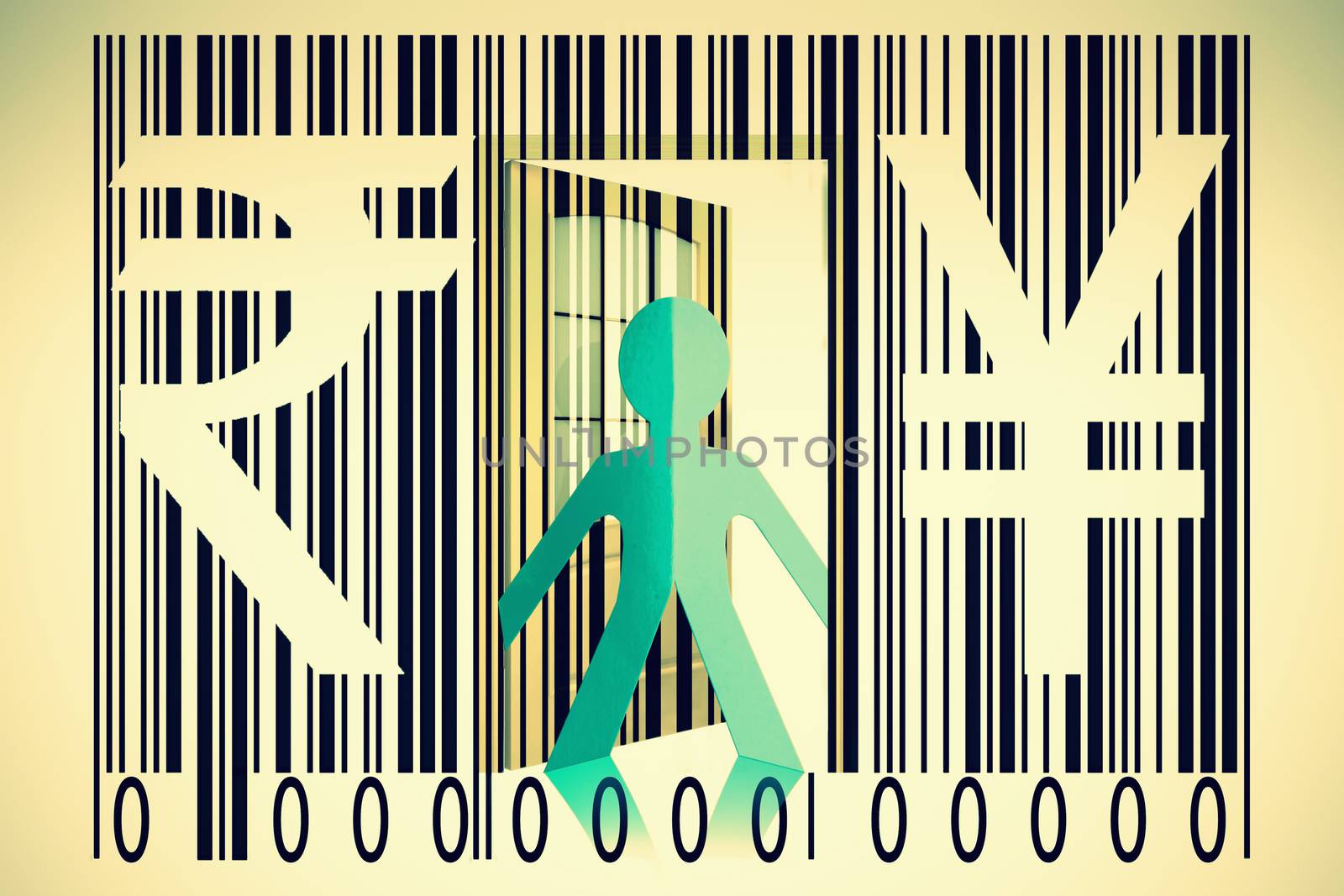 Paperman coming out of a bar code with Rupee and Yen Signs