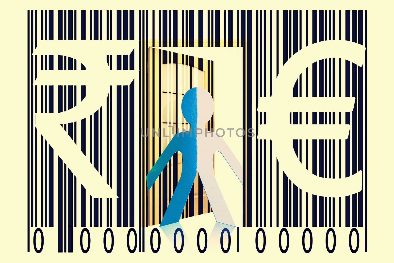 Paperman coming out of a bar code with Euro and Rupee Signs by yands