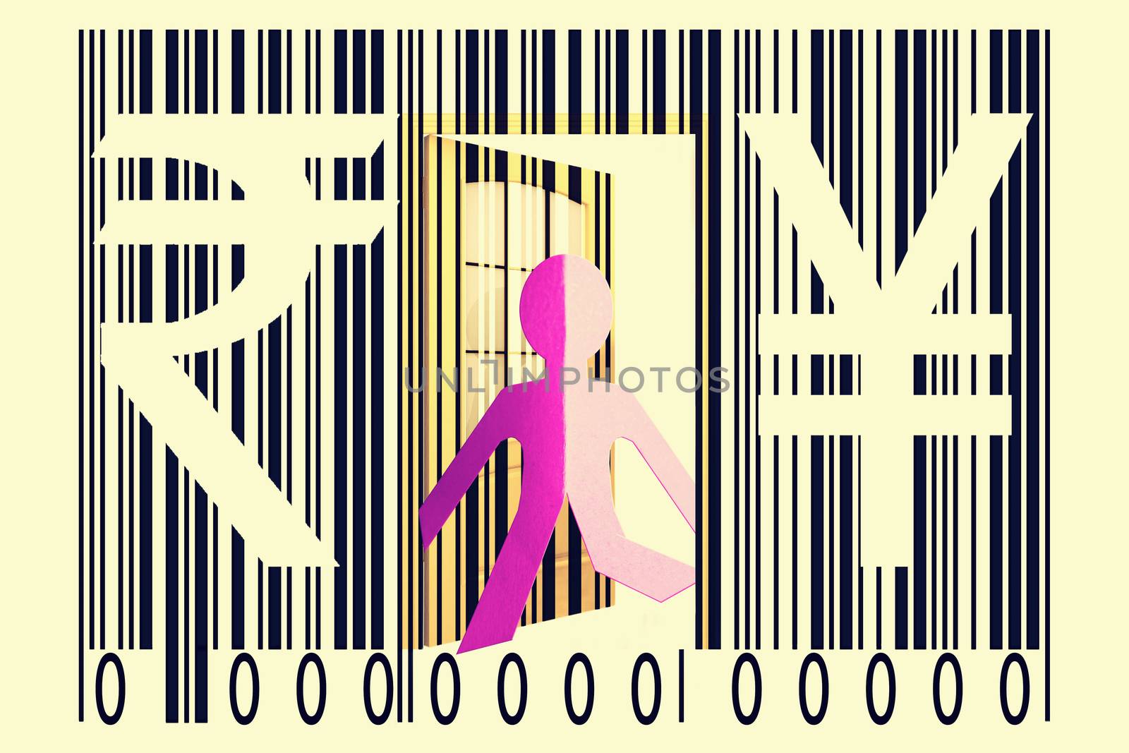 Paperman coming out of a bar code with Rupee and Yen Signs