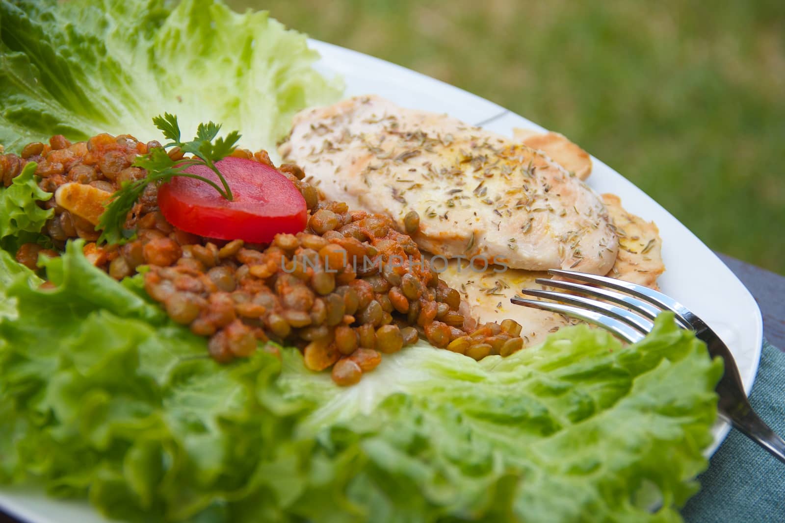 Fitness lunch - stewed green lentils with grilled chicken fillet by tolikoff_photography