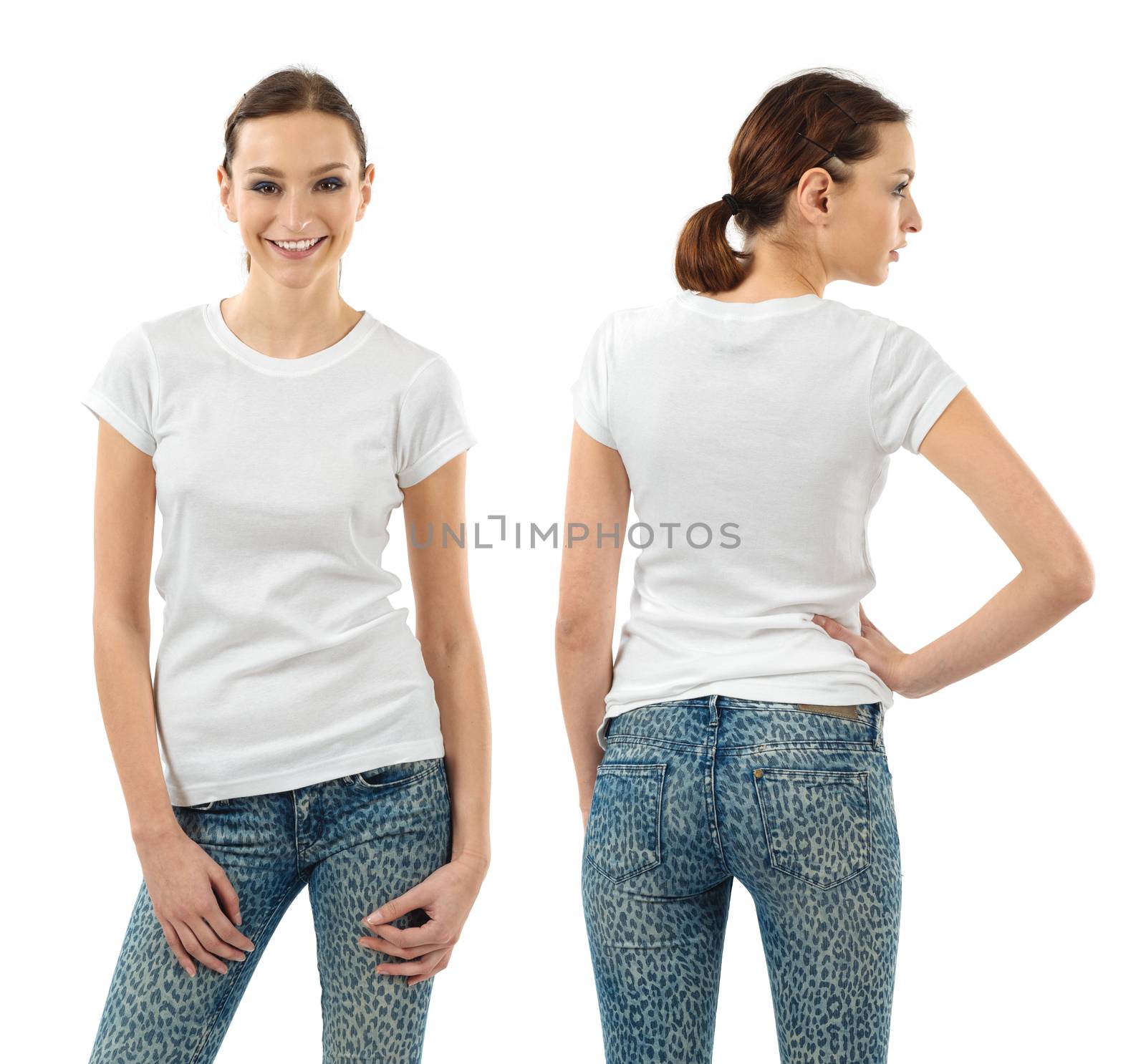 Smiling brunette with blank white shirt by sumners