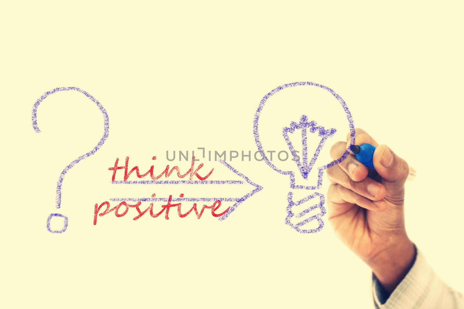 Think Positive written  on transparent wipe board by yands