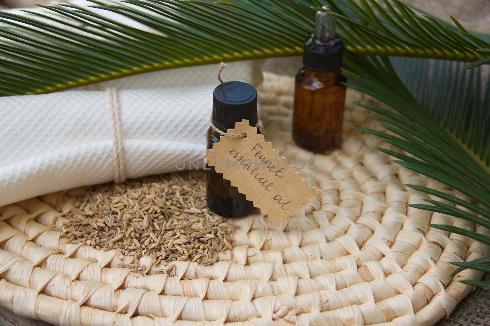 A dropper bottle  of cardamom essential oil. Fennel grains in the background