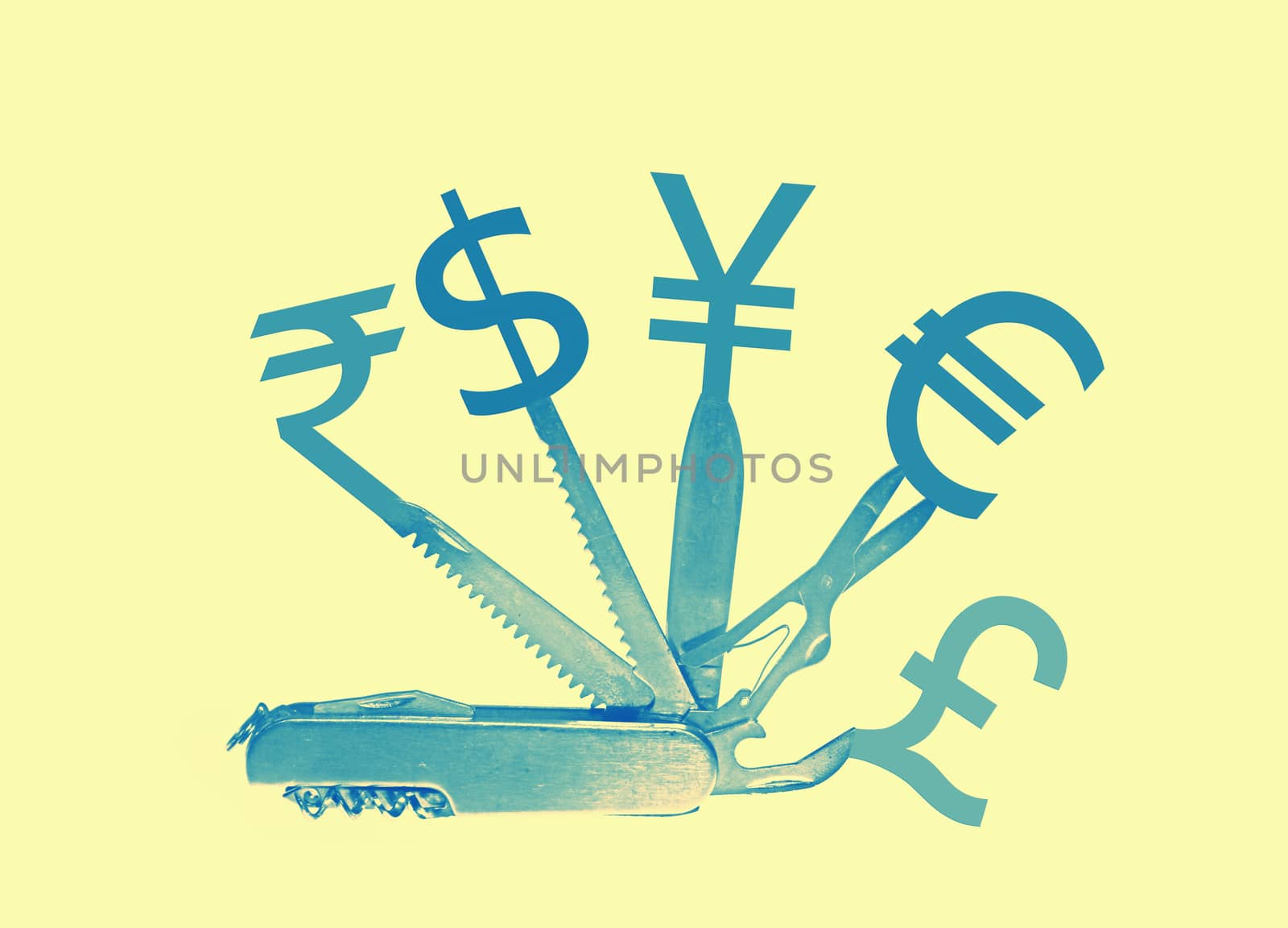 Swiss Knife with different currency symbols, Concept by yands