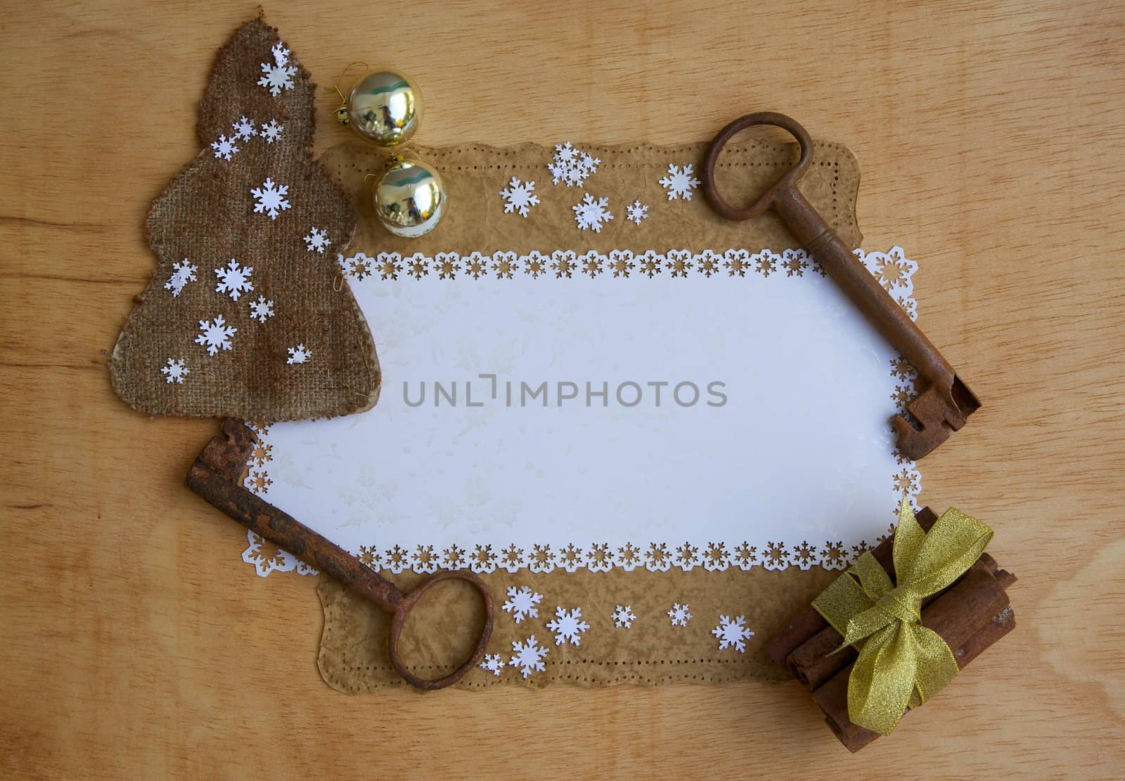 Winter holidays vintage background on a  wooden surface with free space for a text