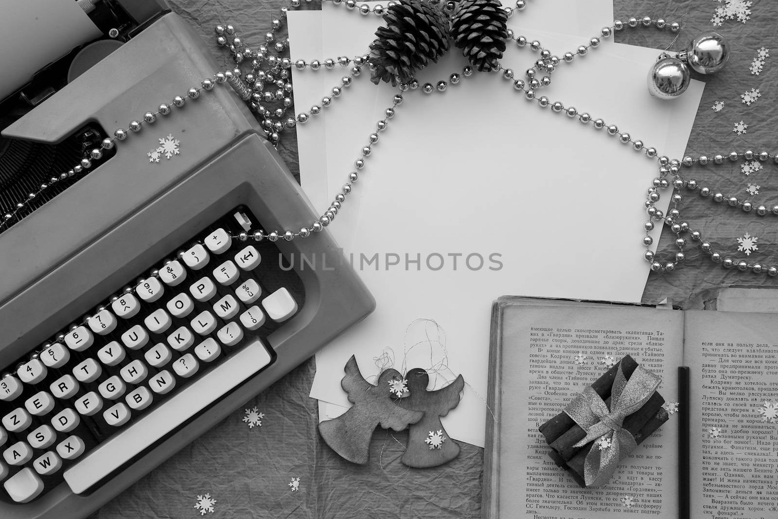 Winter holidays congratulations for writers, journalists,bloggers. Free space for a text. Background. Black and white
