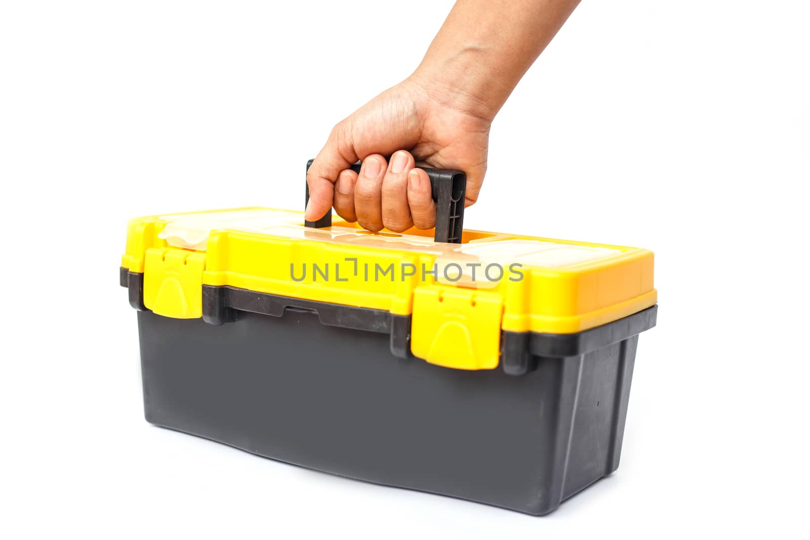 Hand holding tool box Isolated on White Background