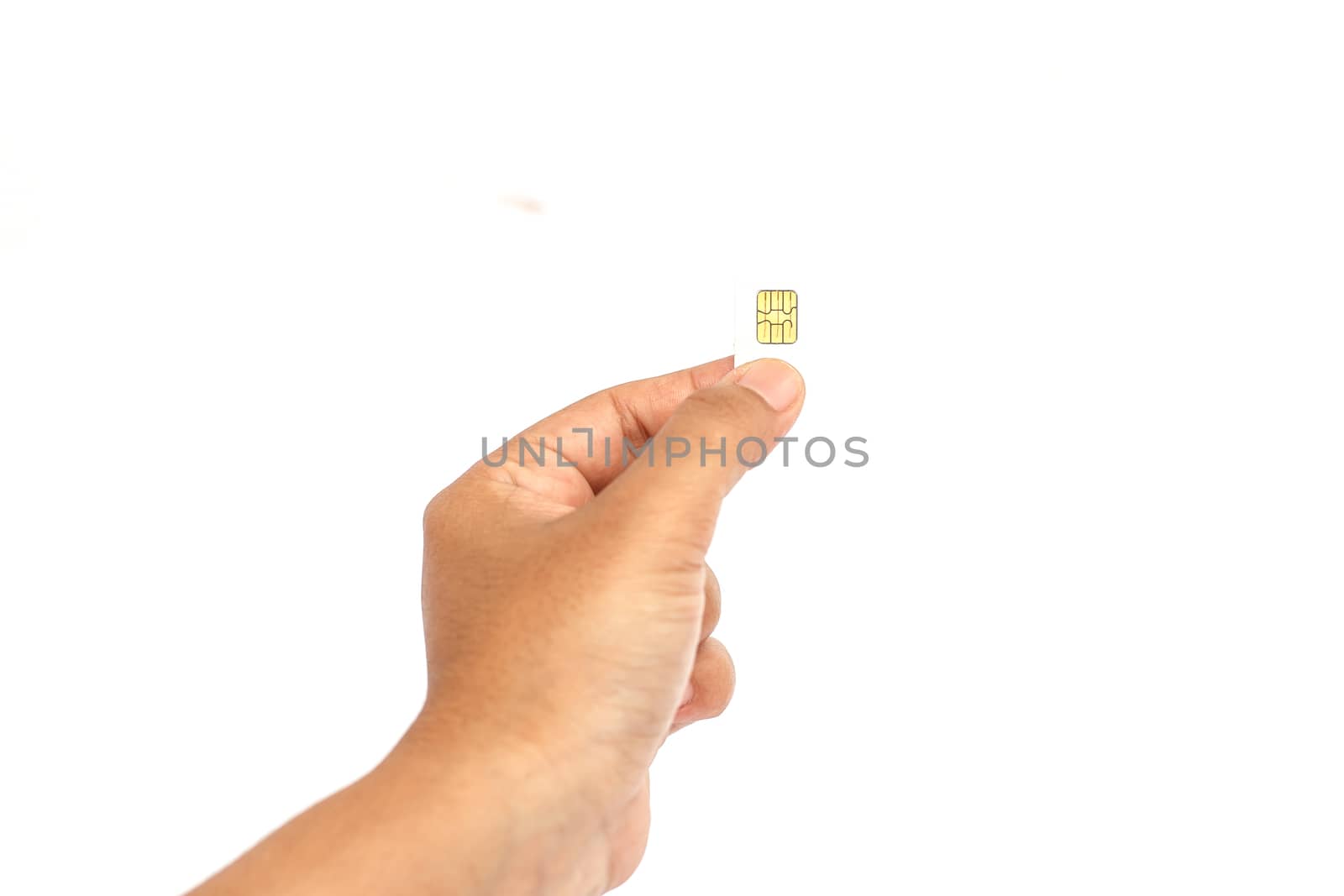 Hand holding sim card isolated on white background by nanDphanuwat