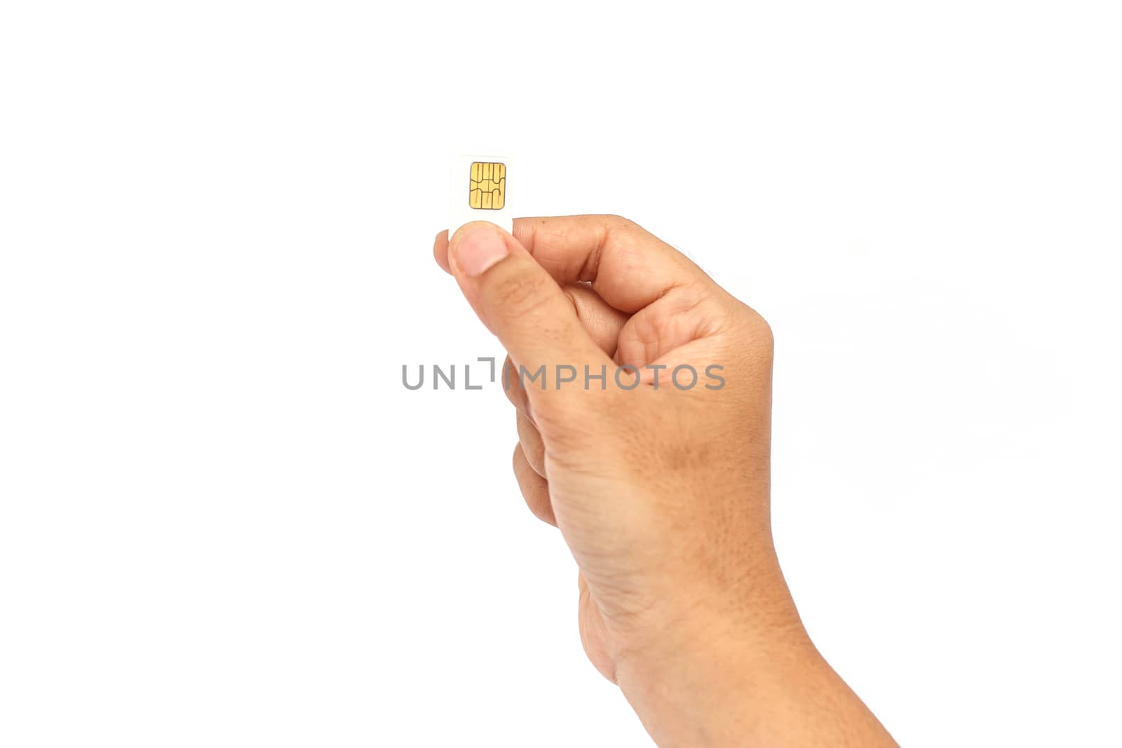 Hand holding sim card isolated on white background by nanDphanuwat