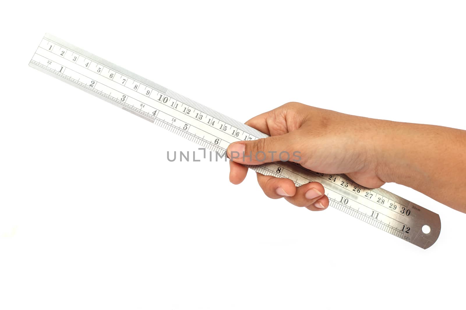 Hand holding ruler isolated on white background