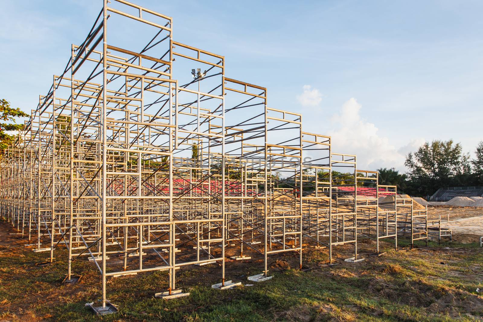 Steel scaffolding set up for temporary stadium in Phuket, Thailand