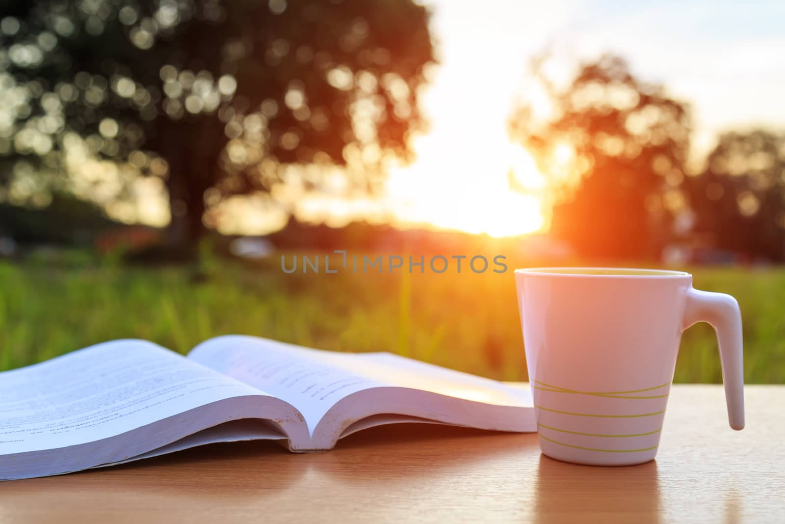 Coffee cup and book on the table in the morning