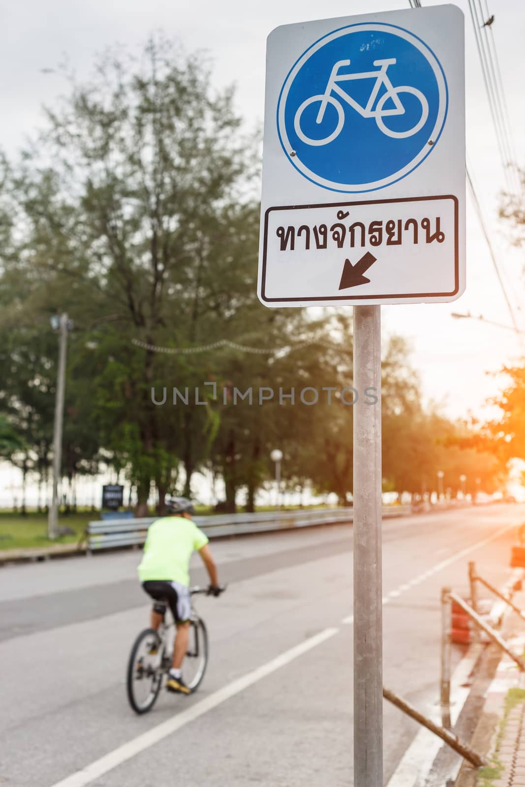 Bicycle sign or icon and movement  of cyclist in the park