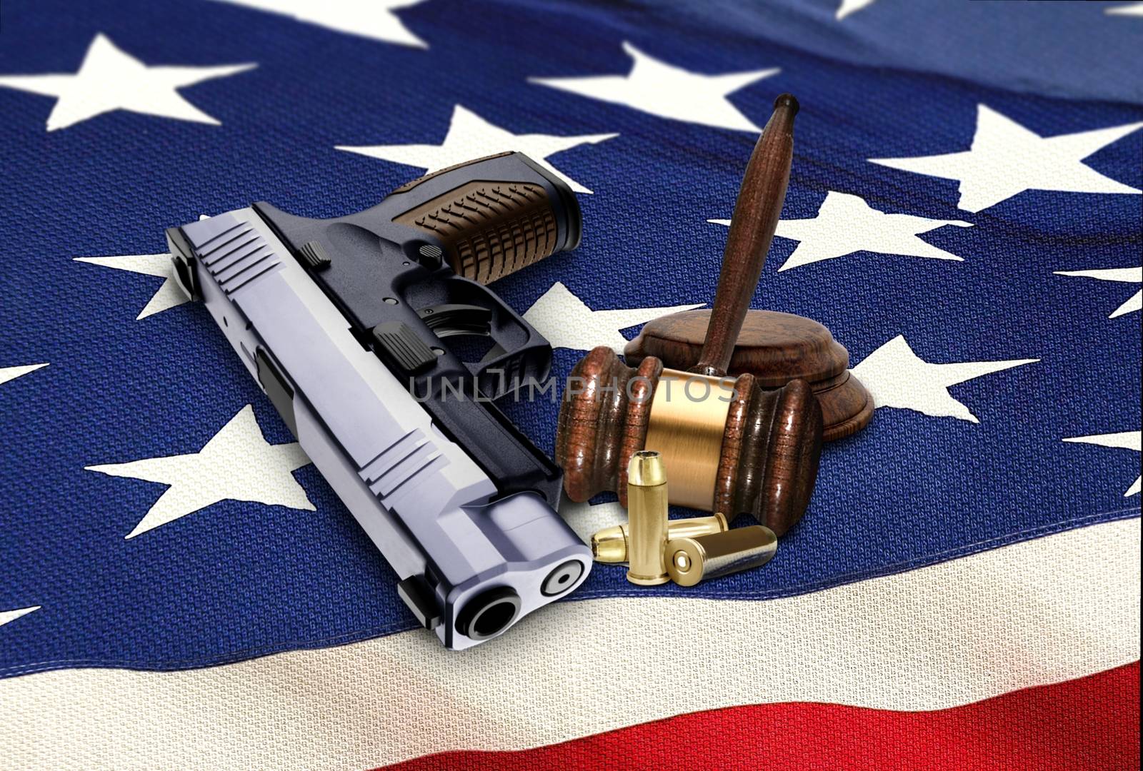 Hand Gun with Gavel and Bullets on American Flag by razihusin