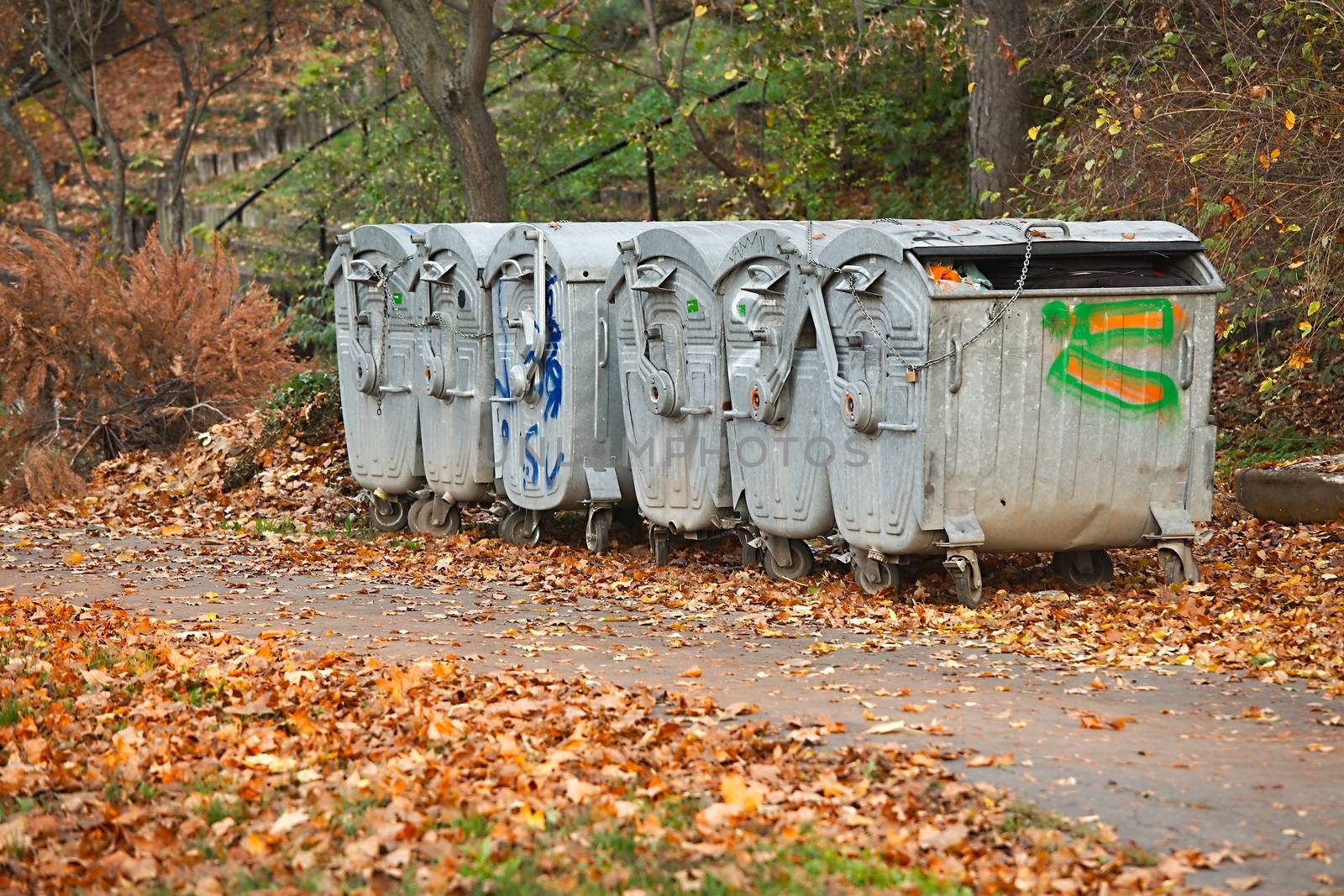 Dumpsters by the walking path