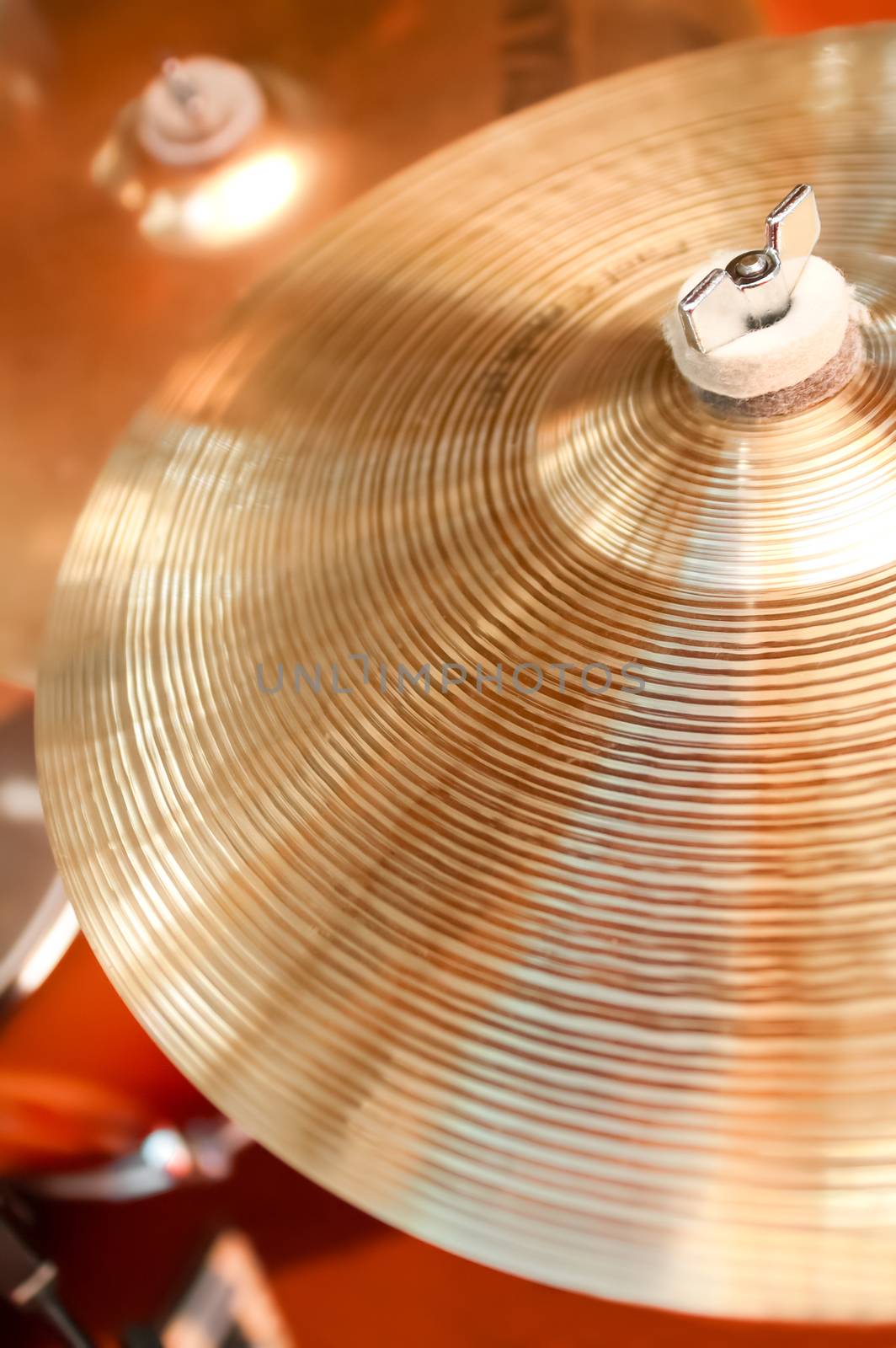 closeup of cymbals on a drum kit