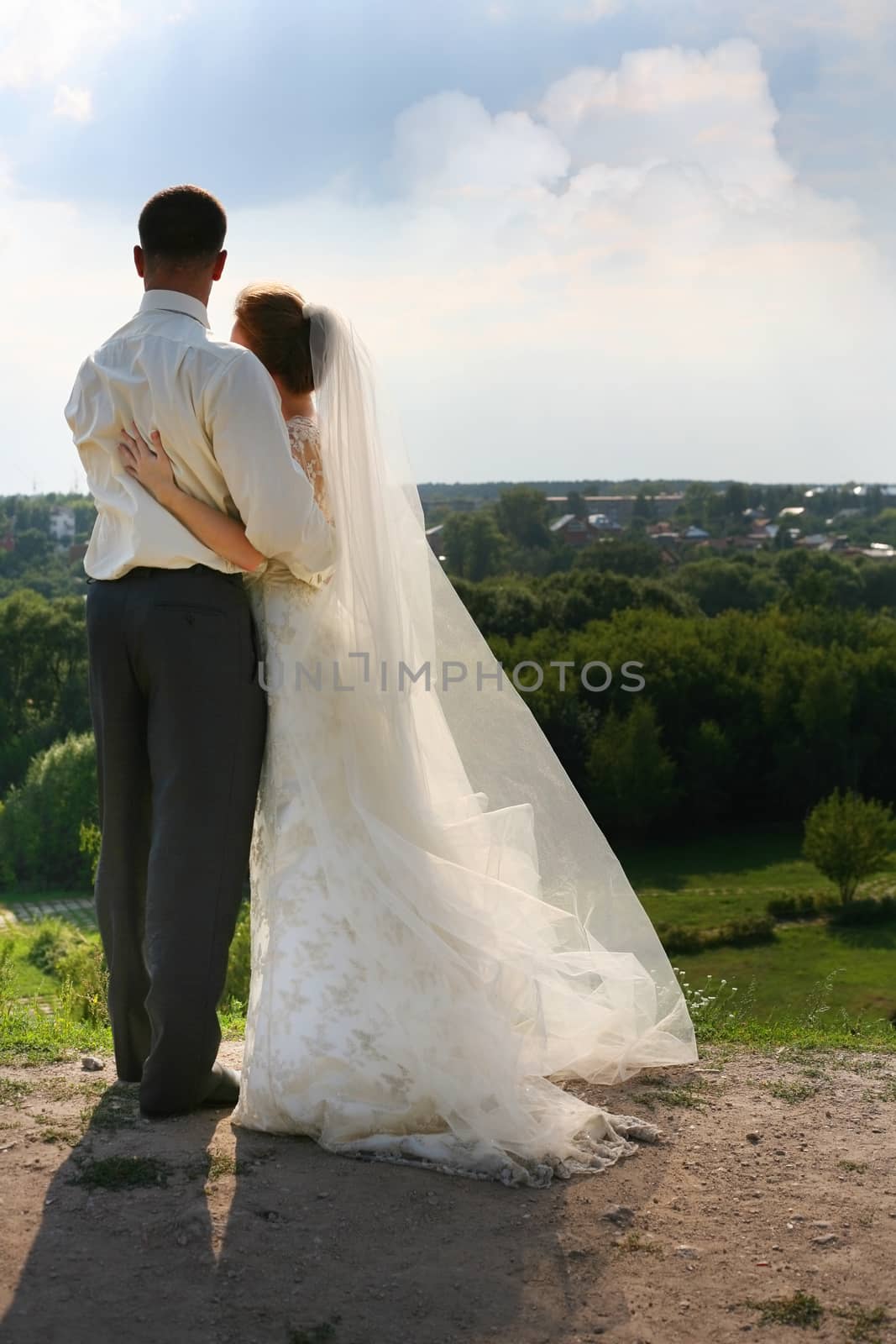 Beautiful the bride and groom on landscape background