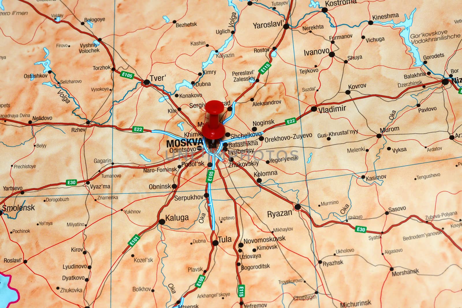 Photo of pinned Moscow on a map of europe. May be used as illustration for traveling theme.