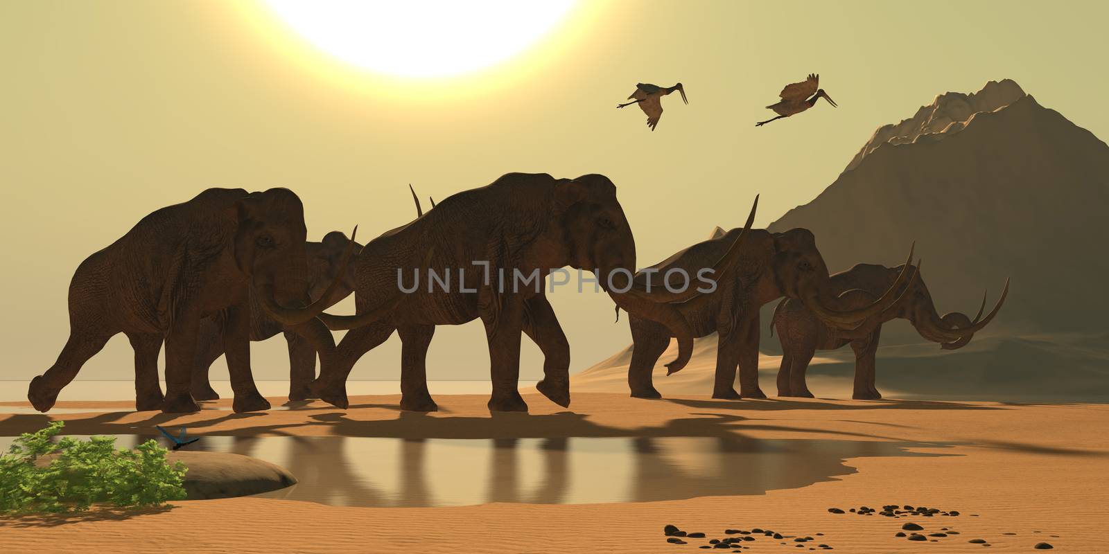 Jabiru birds fly past a herd of Columbian Mammoths as they make their way across a river delta.