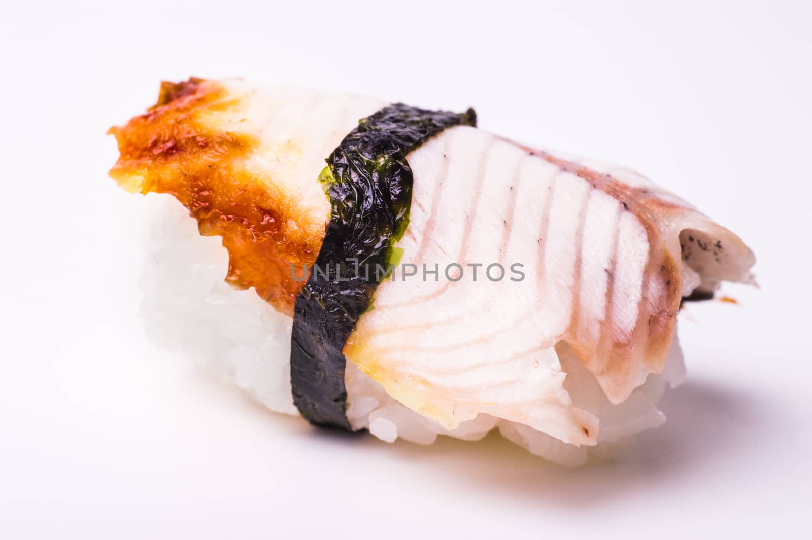 eel sushi close up on white background 