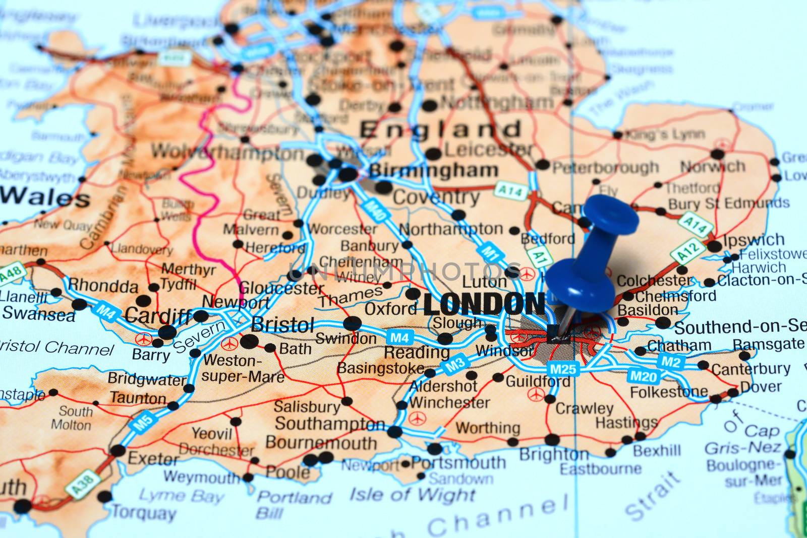 Photo of pinned London on a map of europe. May be used as illustration for traveling theme.