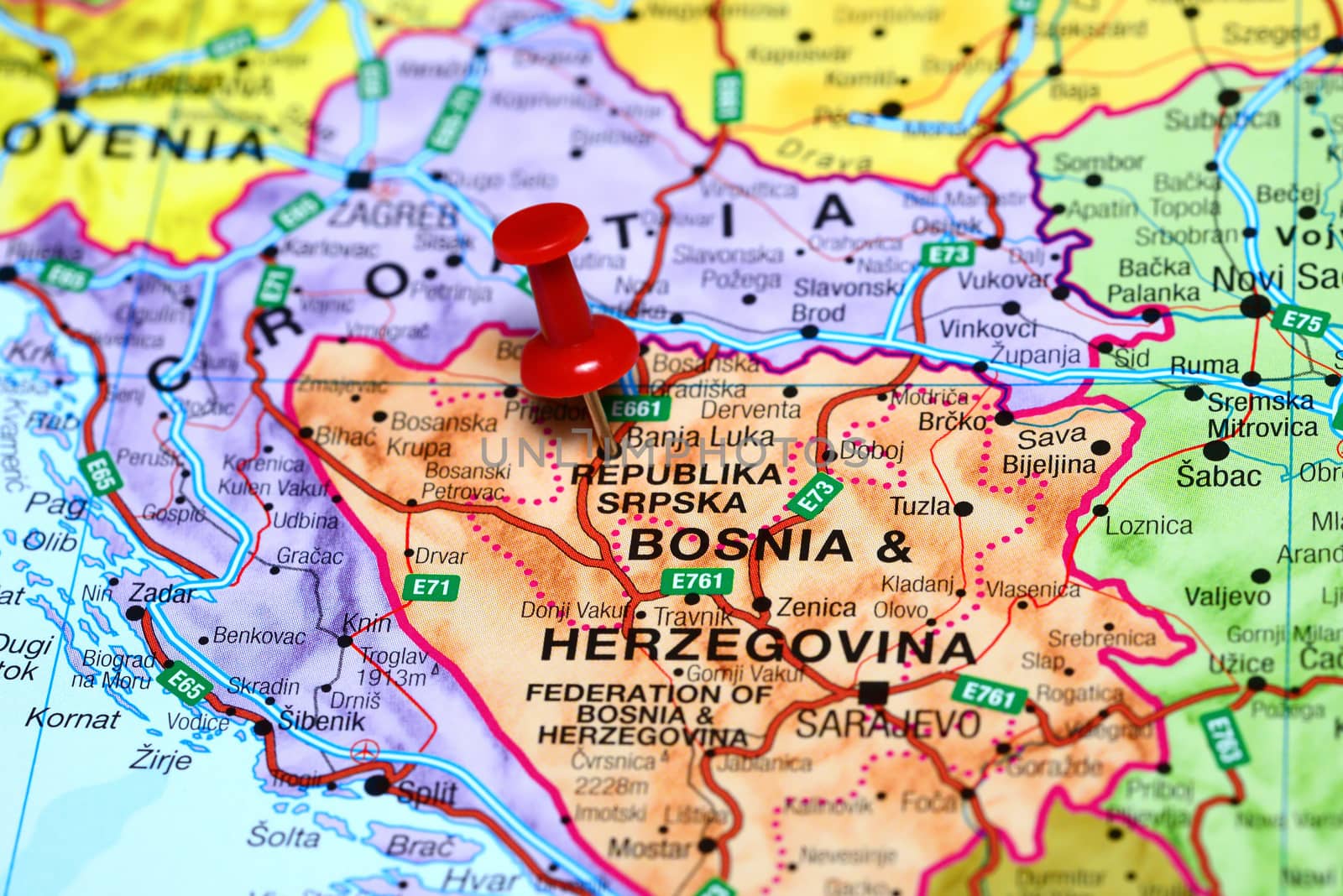 Photo of pinned Banja Luka on a map of europe. May be used as illustration for traveling theme.