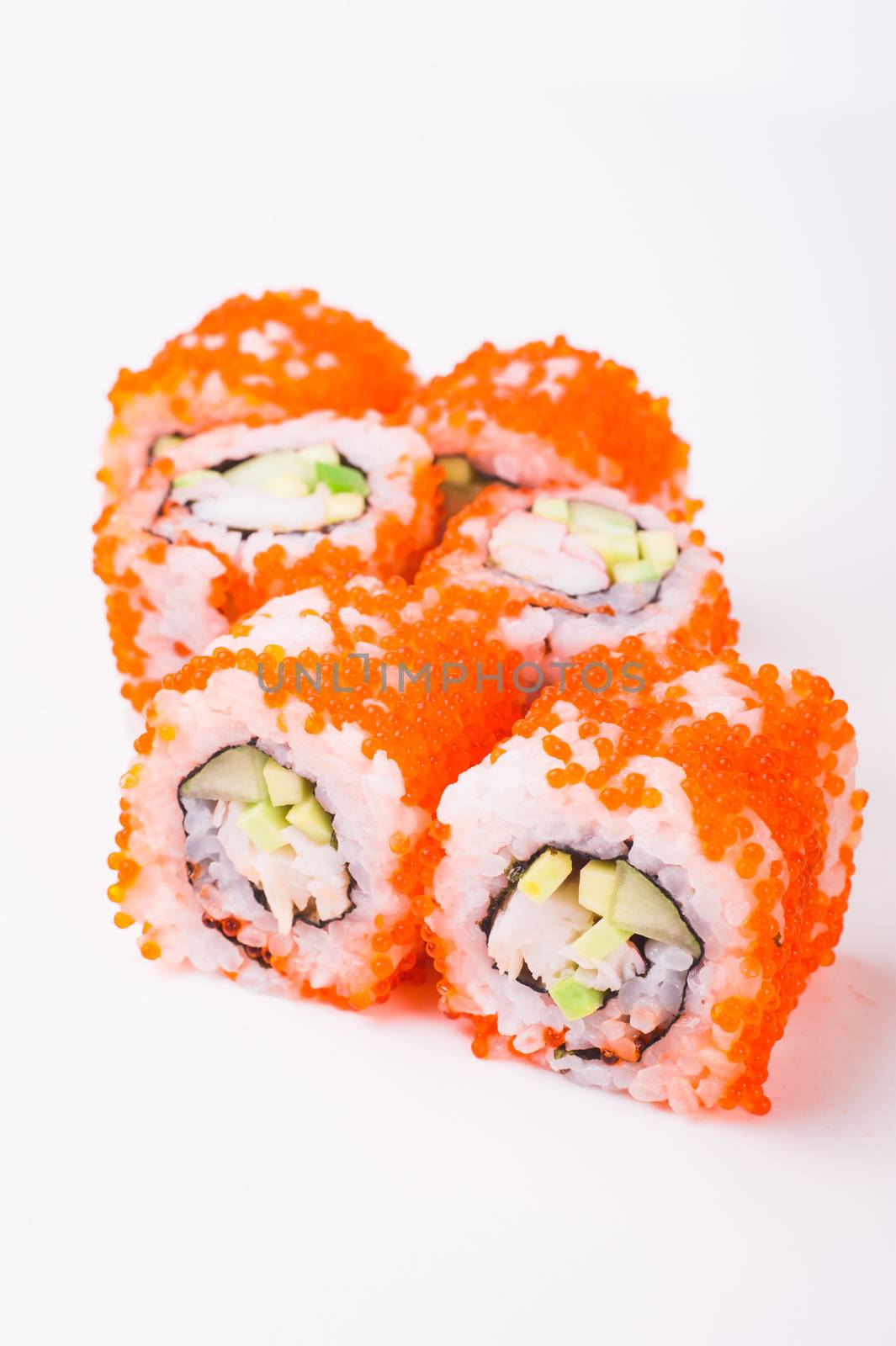 sushi roll in tobiko isolated on white background 