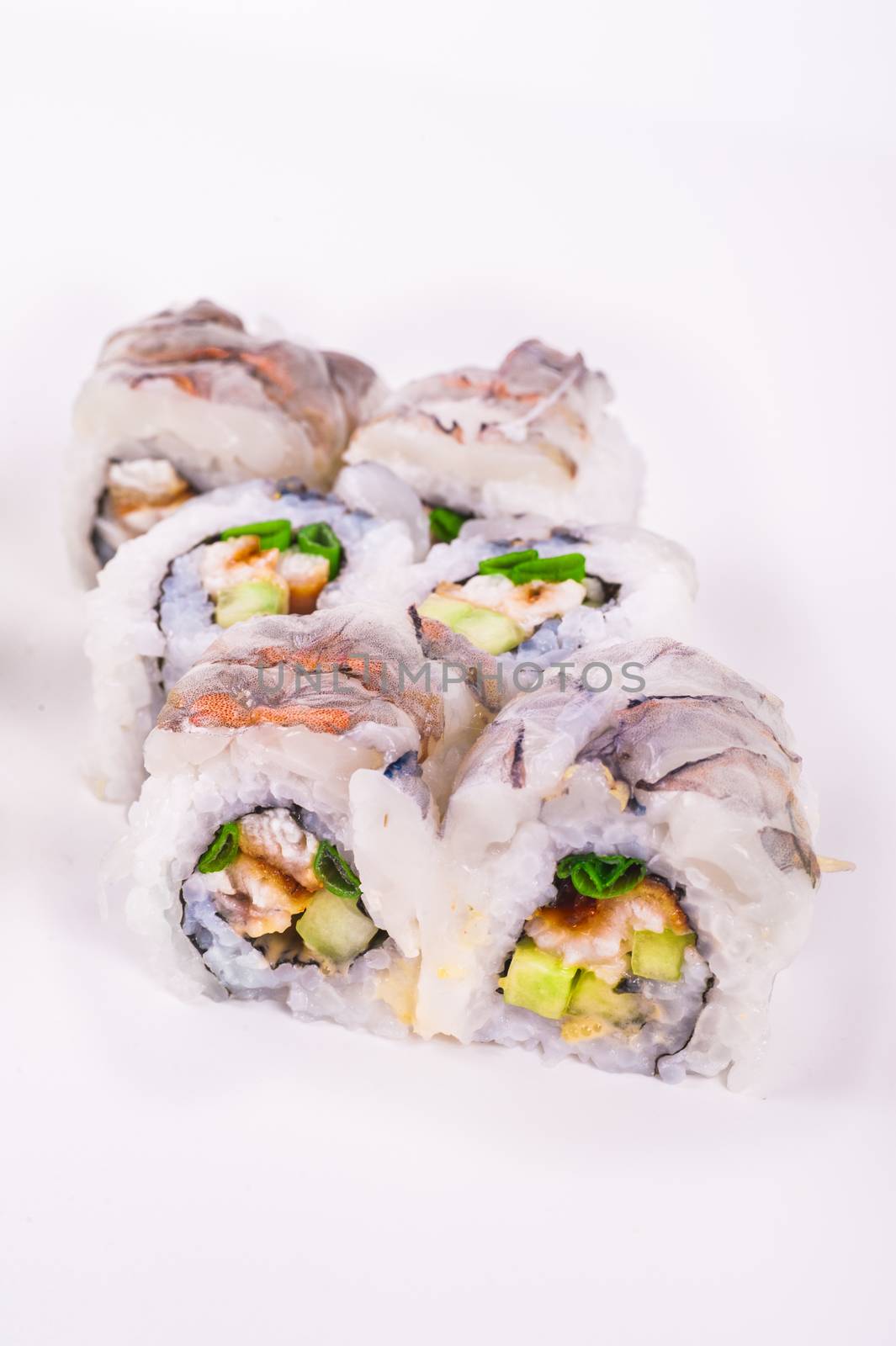 raw prawn sushi roll with eel isolated on white background 