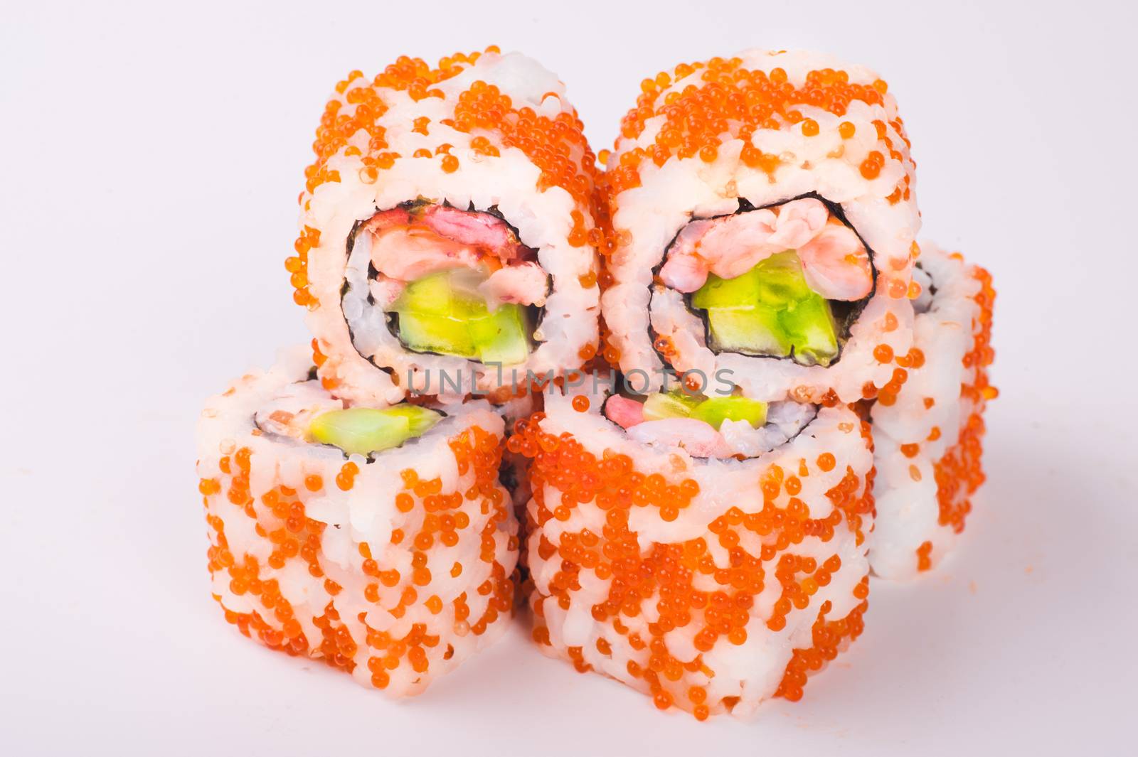 sushi roll in tobiko isolated on white background 