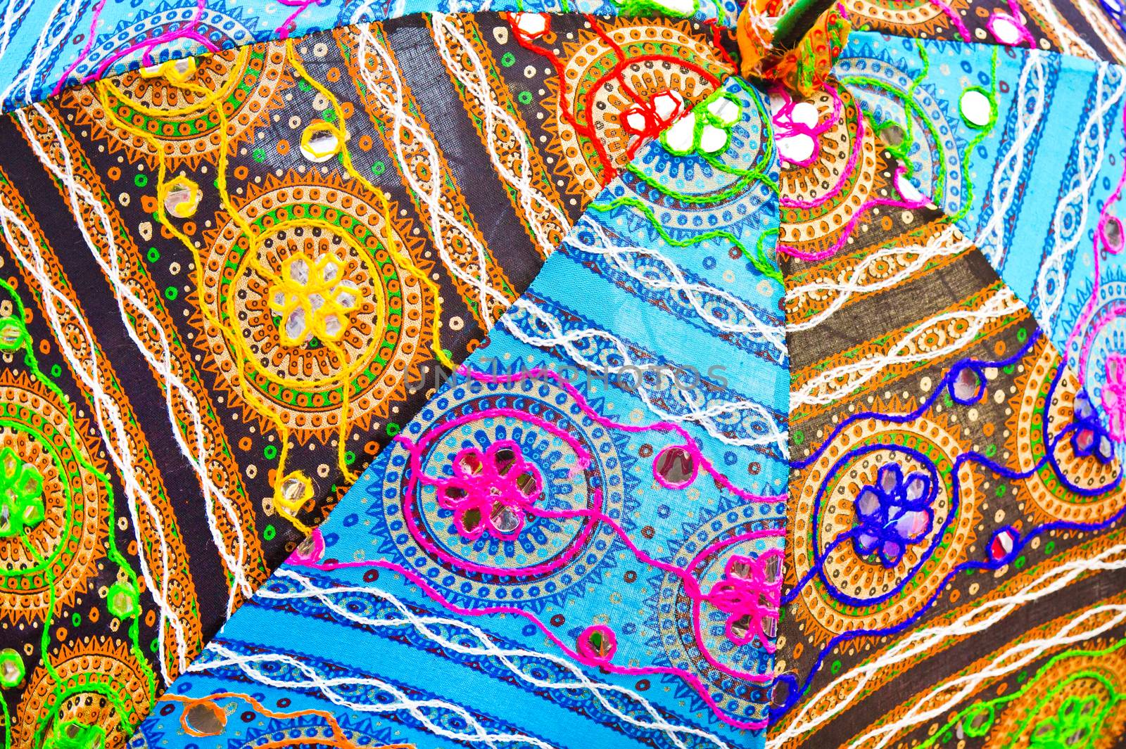 Part of an umbrella made from colorful indian cloth