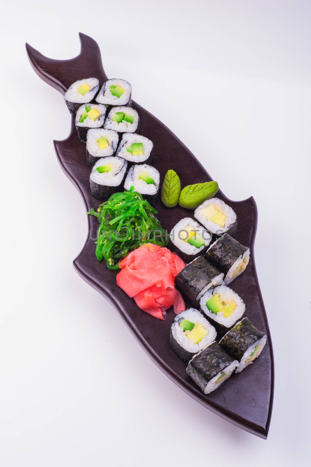 vegetarian sushi set served on plateisolated on white background