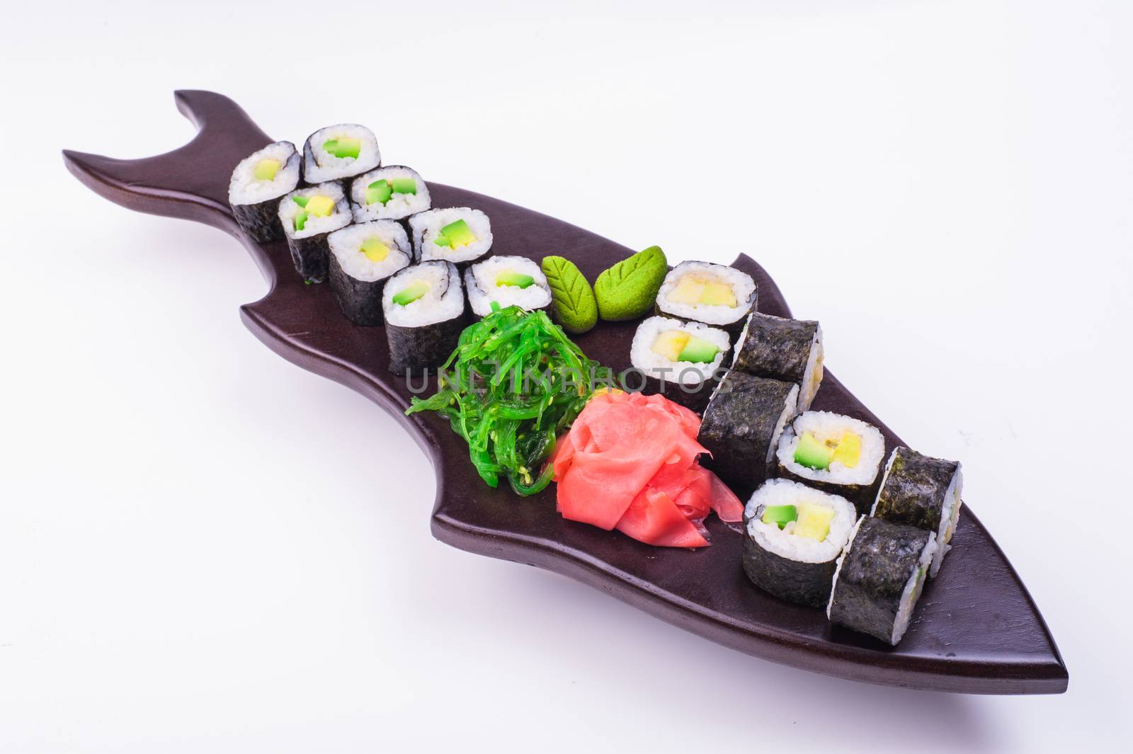 vegetarian sushi set served on plateisolated on white background