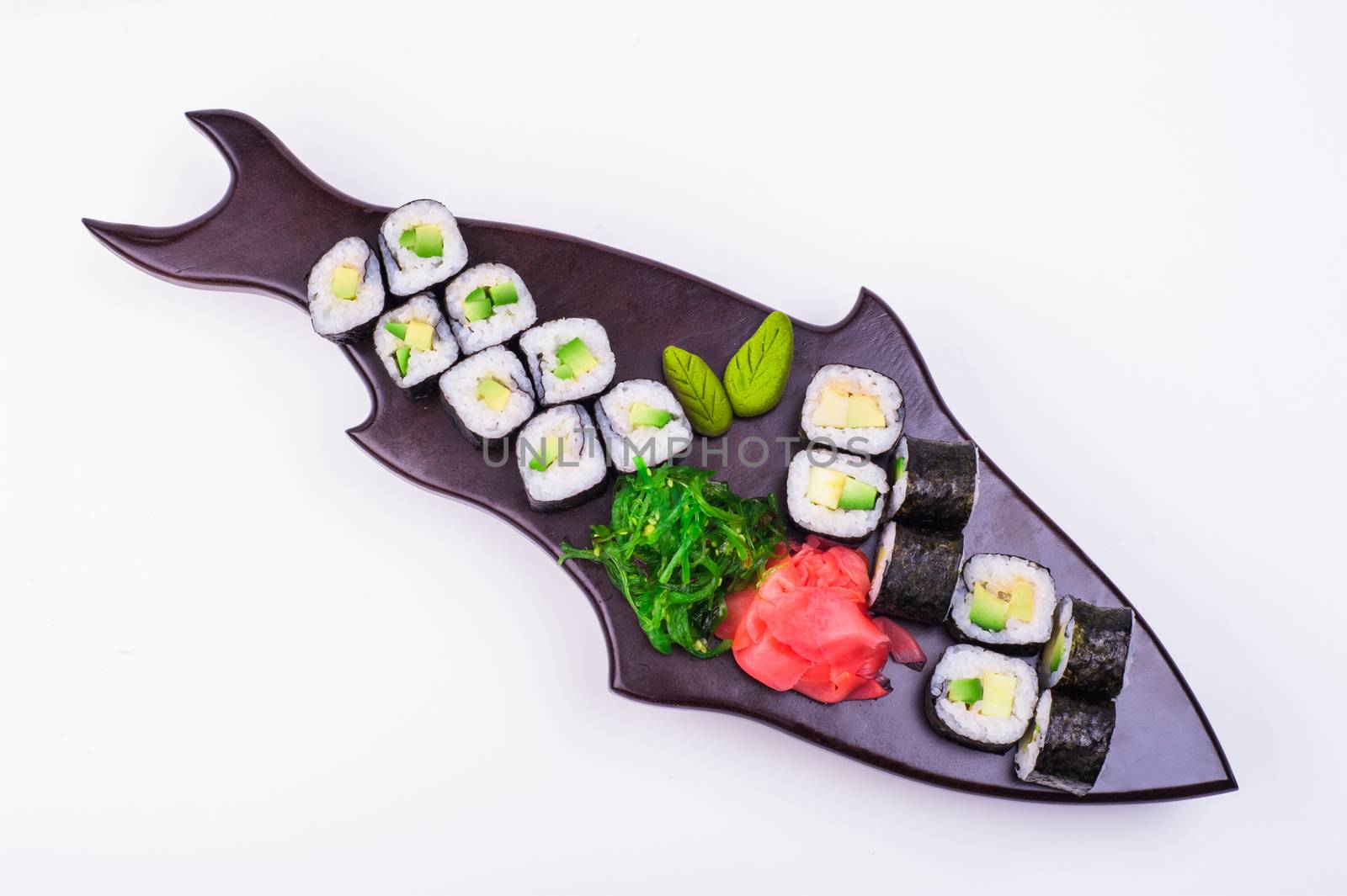 vegetarian sushi set served on plateisolated on white background