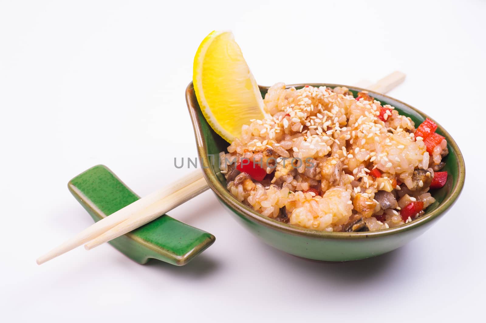 seafood fried rice in bowl isolated on white background