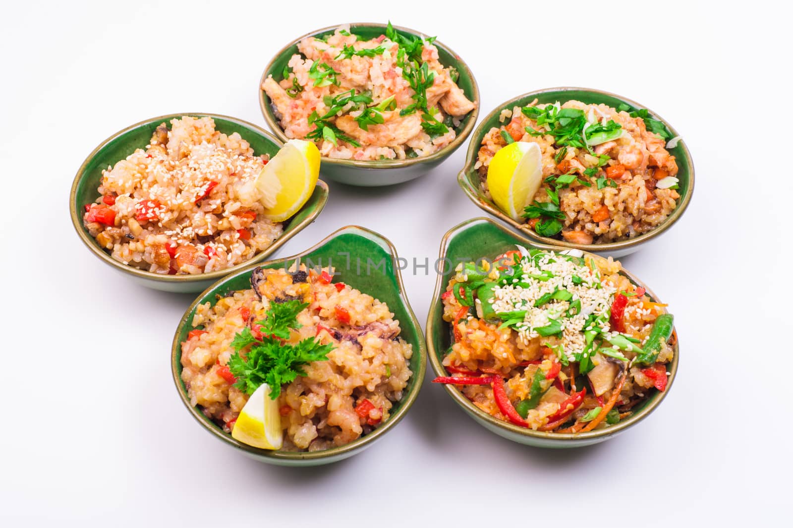 set of five fried rice in bowl isolated on white background