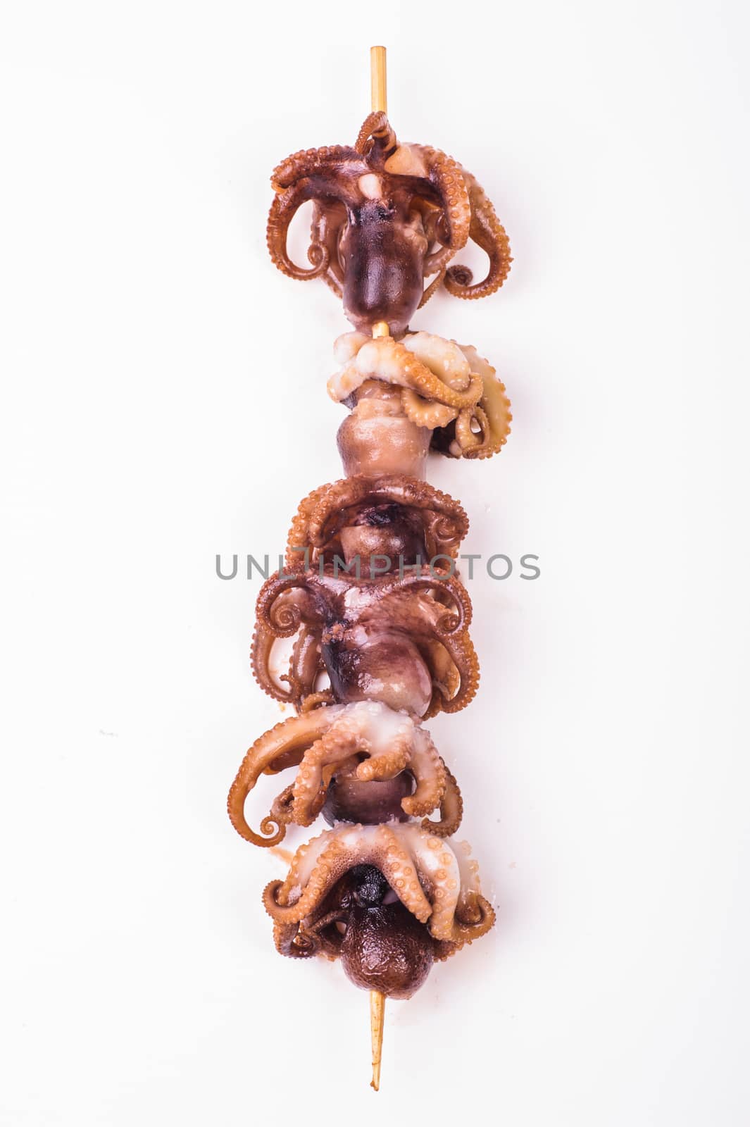 coocked octopus skewer isolated on white background 