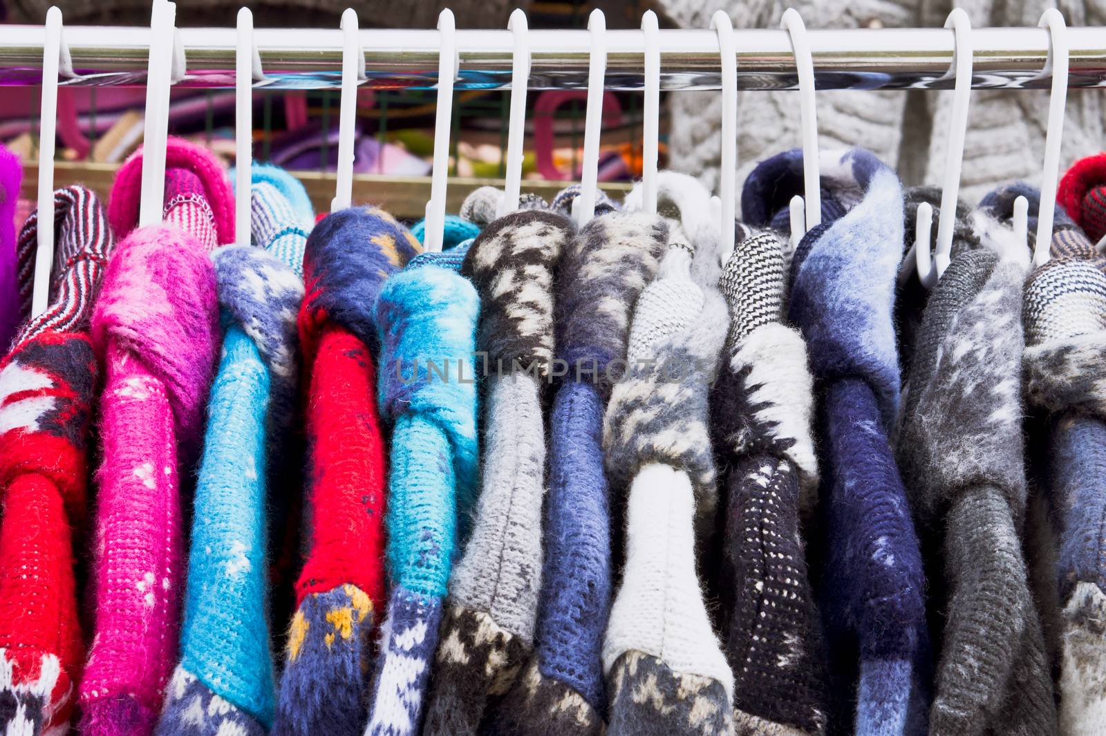 Colorful thick warm winter coats at a market