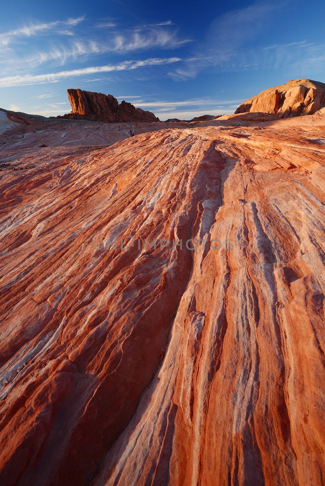 sunset light on sandstone features at fire wave in nevada