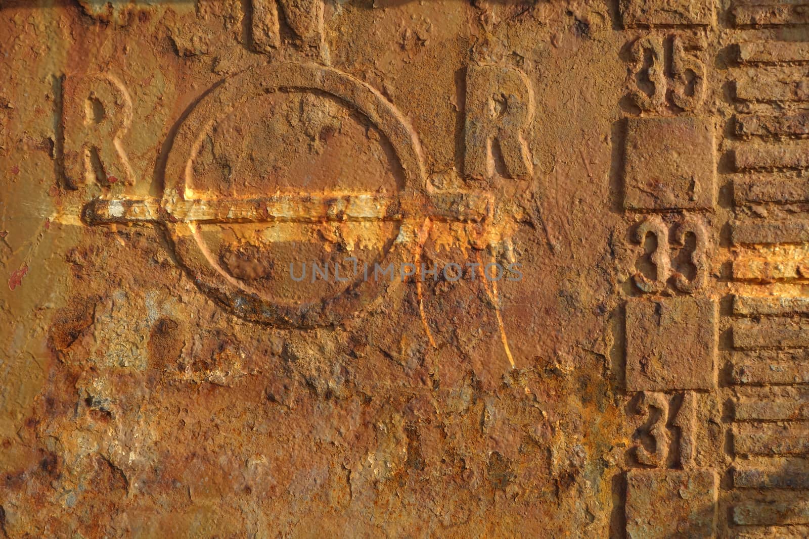 Rusty steal texture of an abandoned tanker boat closeup. Waterline and draft scale measure