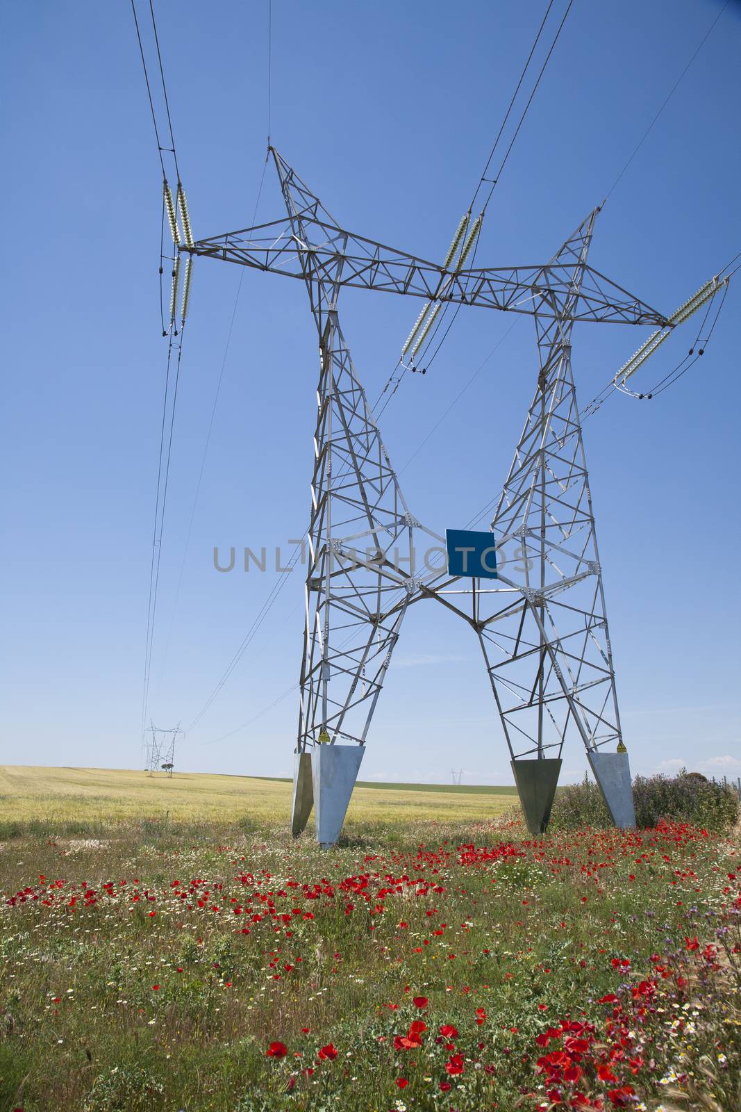 electric towers power line in landscape field Castilla Spain