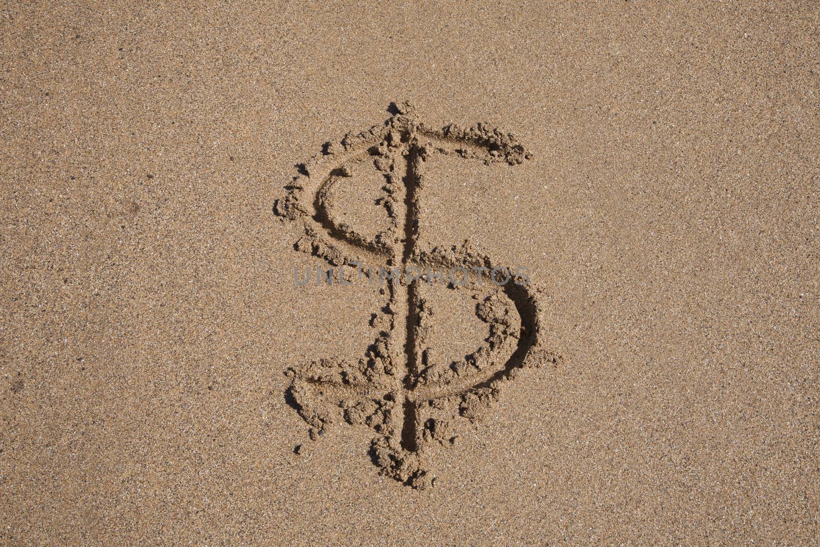 Dollar symbol written on brown sand ground low tide beach seashore