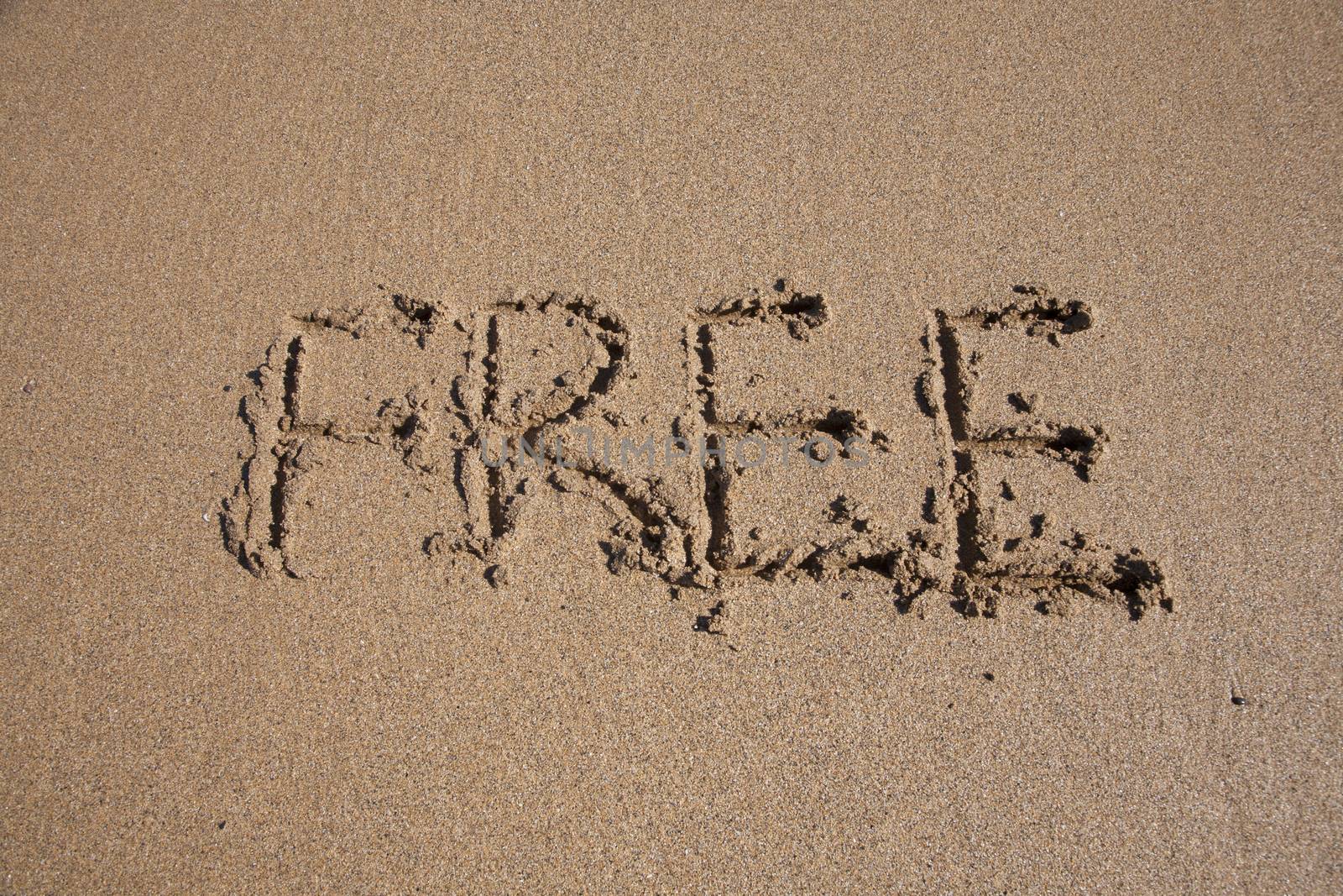 free word written on brown sand ground low tide beach ocean seashore in Spain Europe